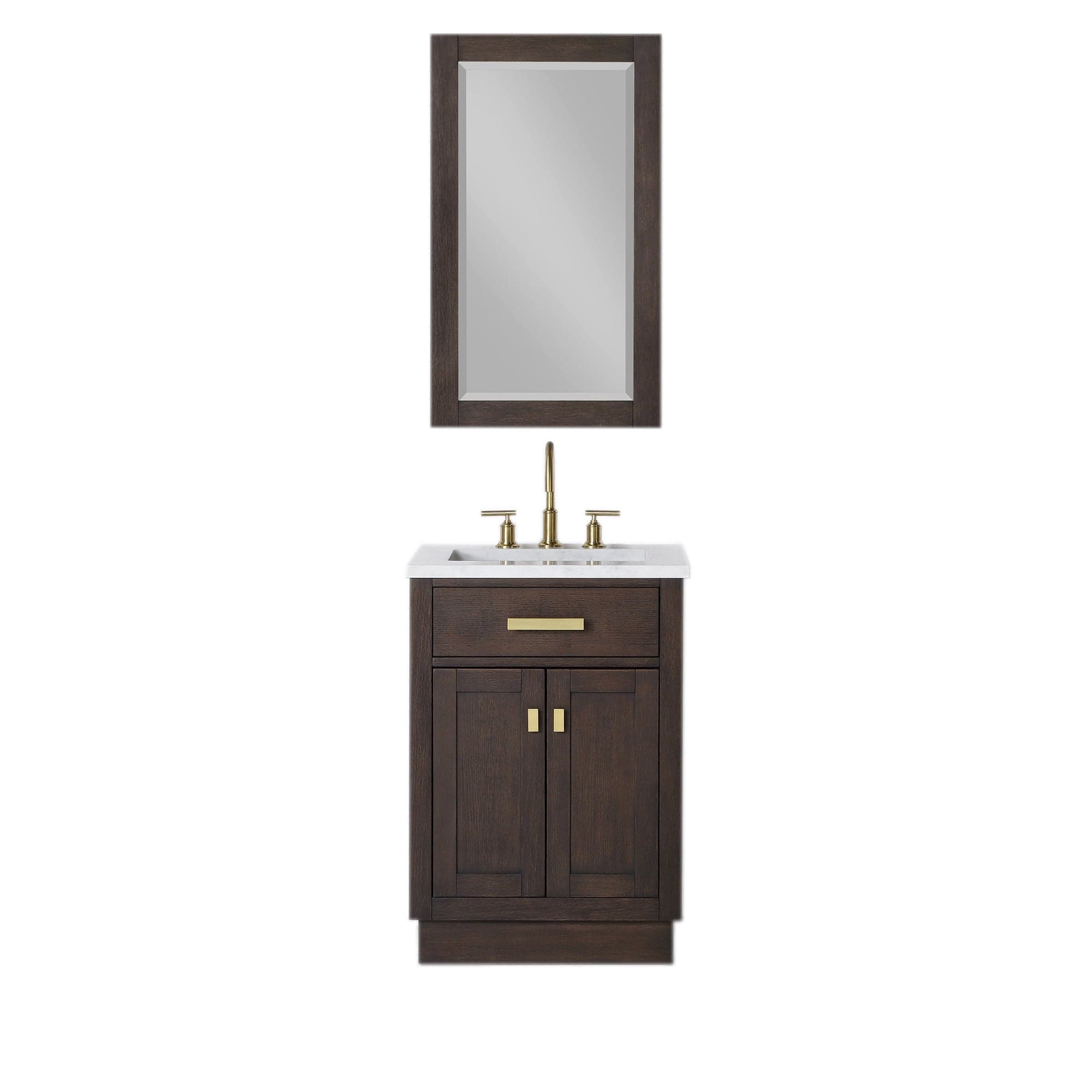 Chestnut 24 In. Single Sink Carrara White Marble Countertop Vanity In Brown Oak with Grooseneck Faucet and Mirror - Molaix732030764606CH24CW06BK-R21BL1406