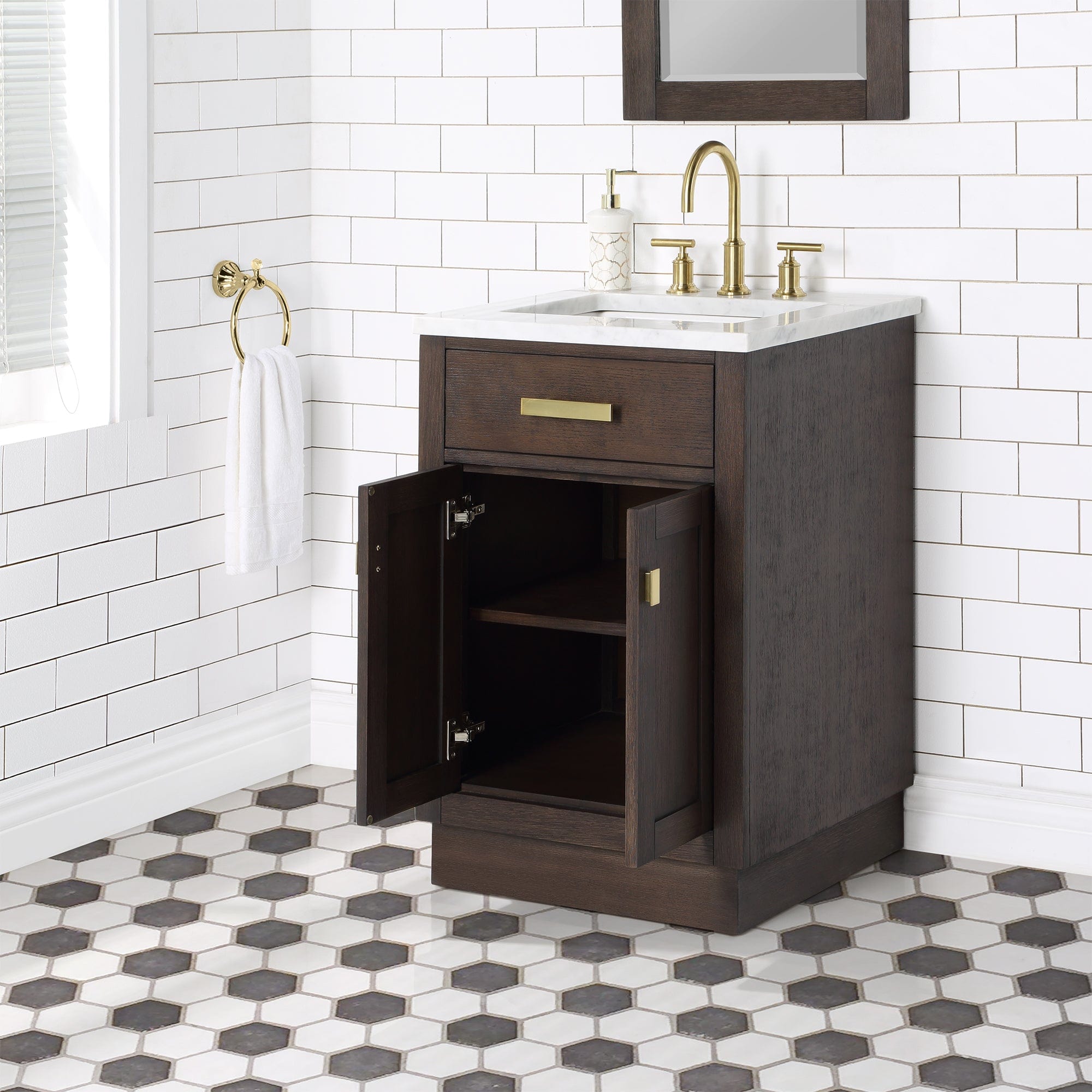 Chestnut 24 In. Single Sink Carrara White Marble Countertop Vanity In Brown Oak with Mirror - Molaix732030764569CH24CW06BK-R21000000