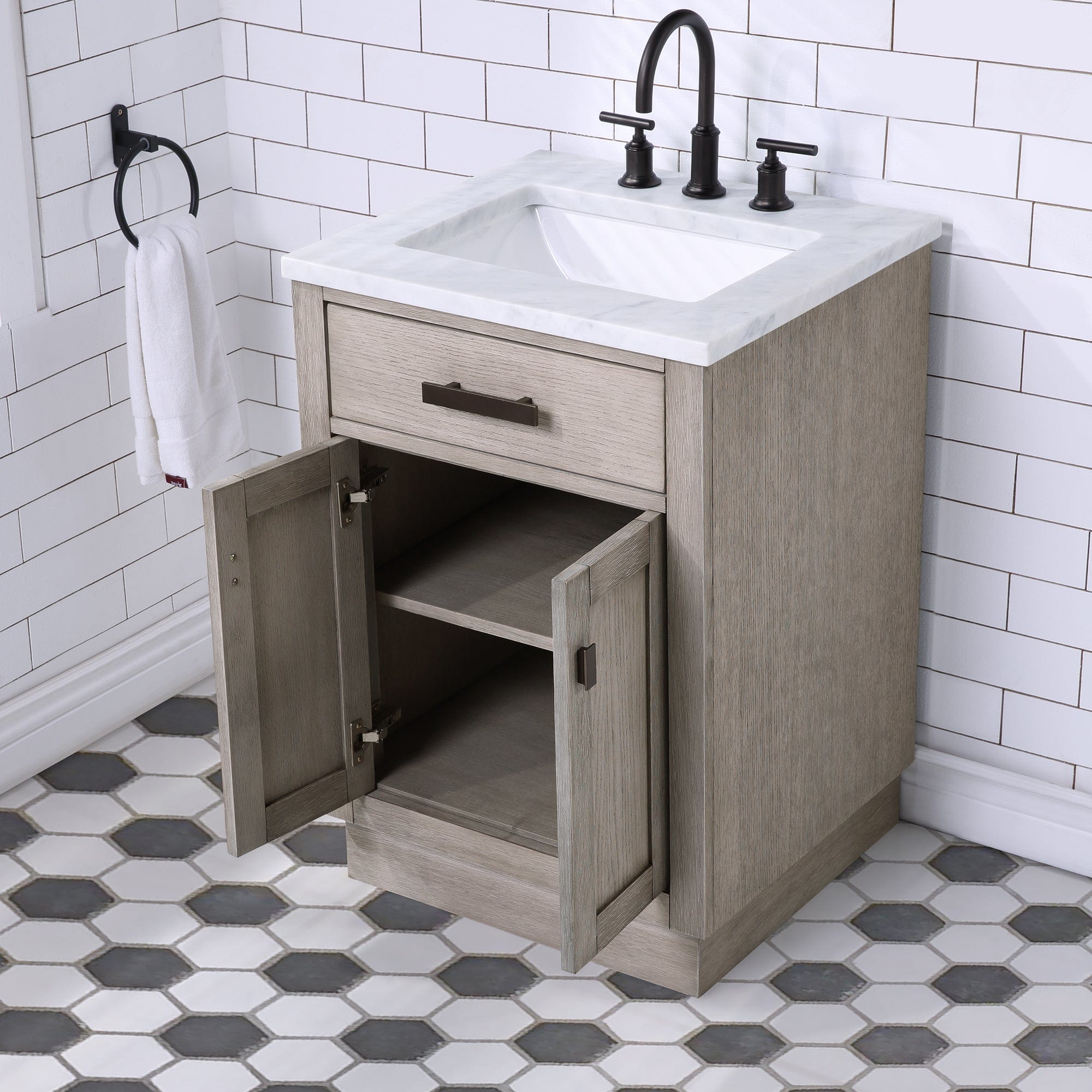 Chestnut 24 In. Single Sink Carrara White Marble Countertop Vanity In Grey Oak with Grooseneck Faucet - Molaix732030764576CH24CW03GK-000BL1403