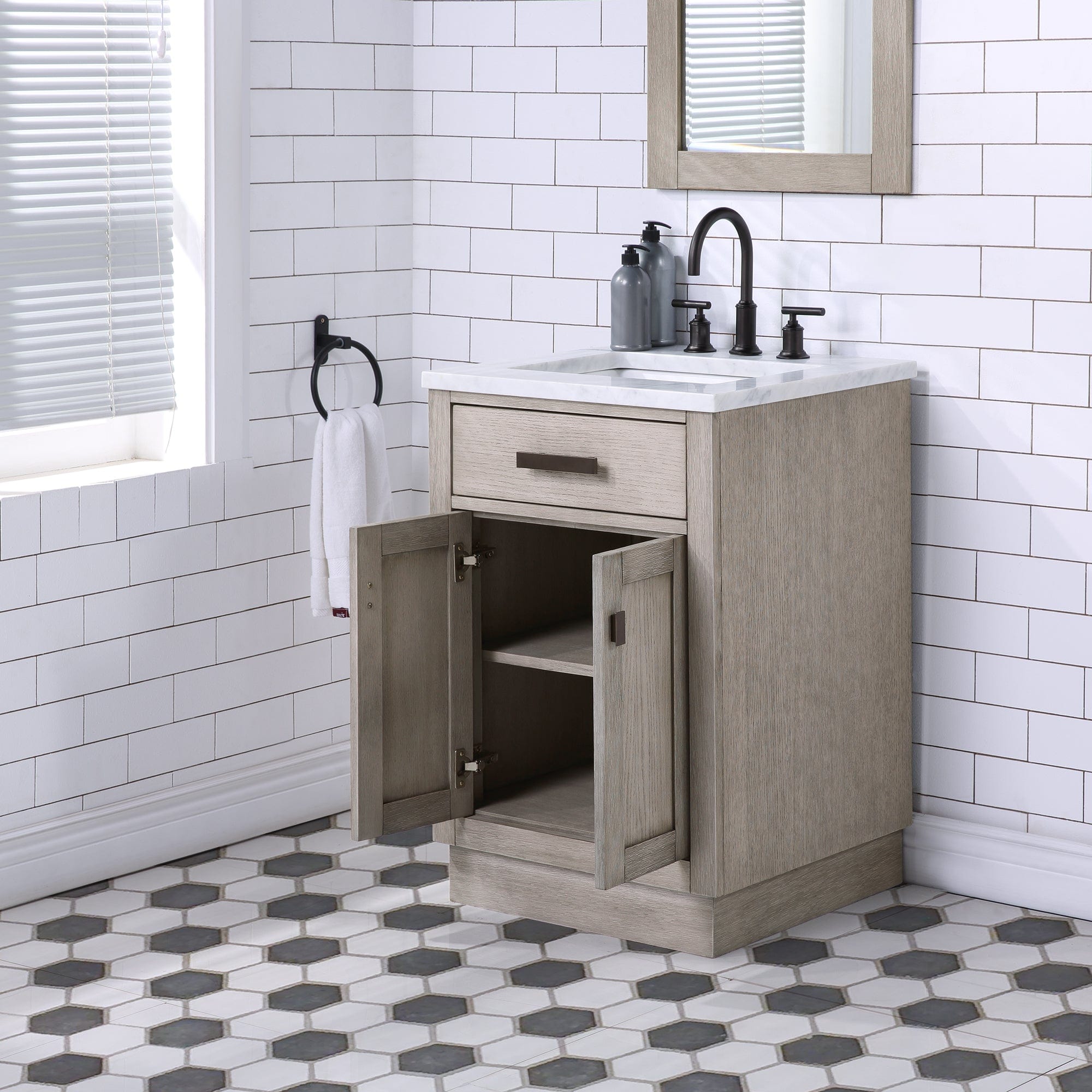 Chestnut 24 In. Single Sink Carrara White Marble Countertop Vanity In Grey Oak with Grooseneck Faucet and Mirror - Molaix732030764590CH24CW03GK-R21BL1403