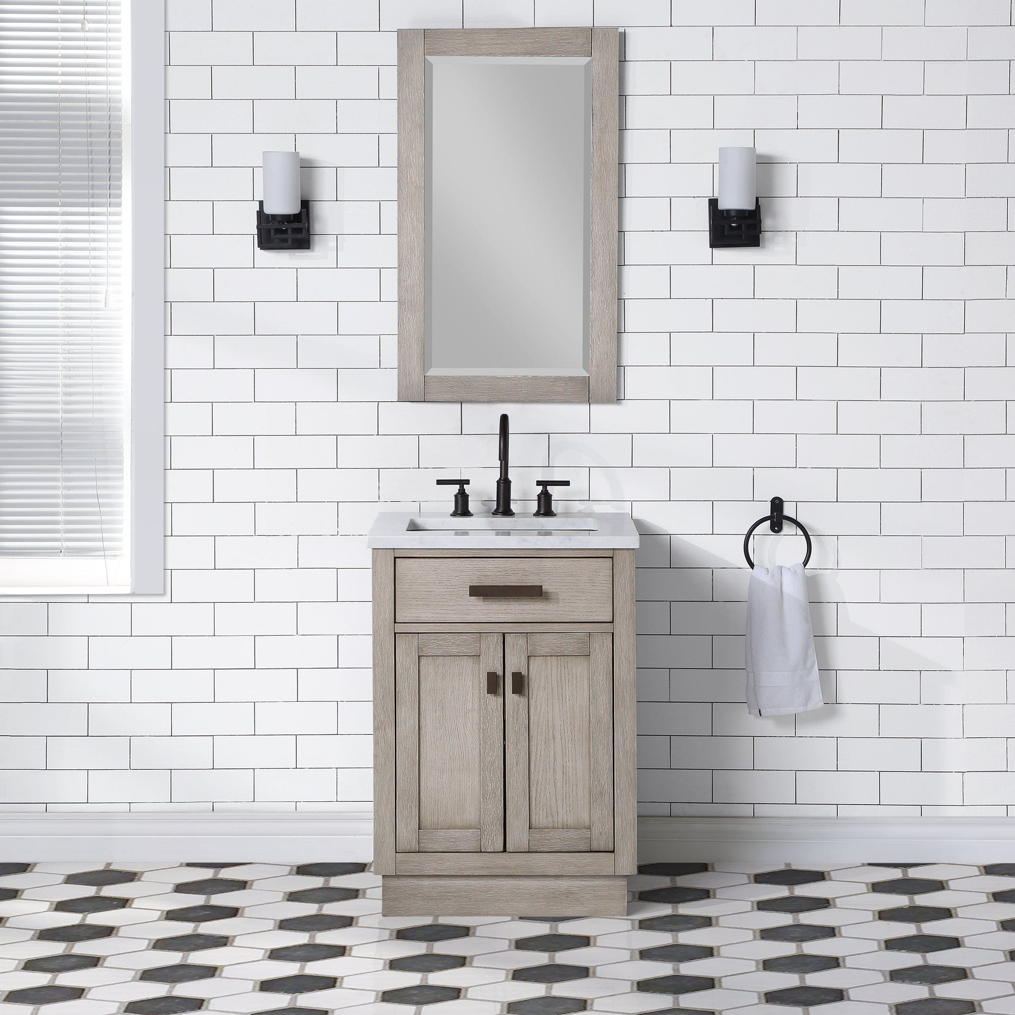 Chestnut 24 In. Single Sink Carrara White Marble Countertop Vanity In Grey Oak with Grooseneck Faucet and Mirror - Molaix732030764590CH24CW03GK-R21BL1403