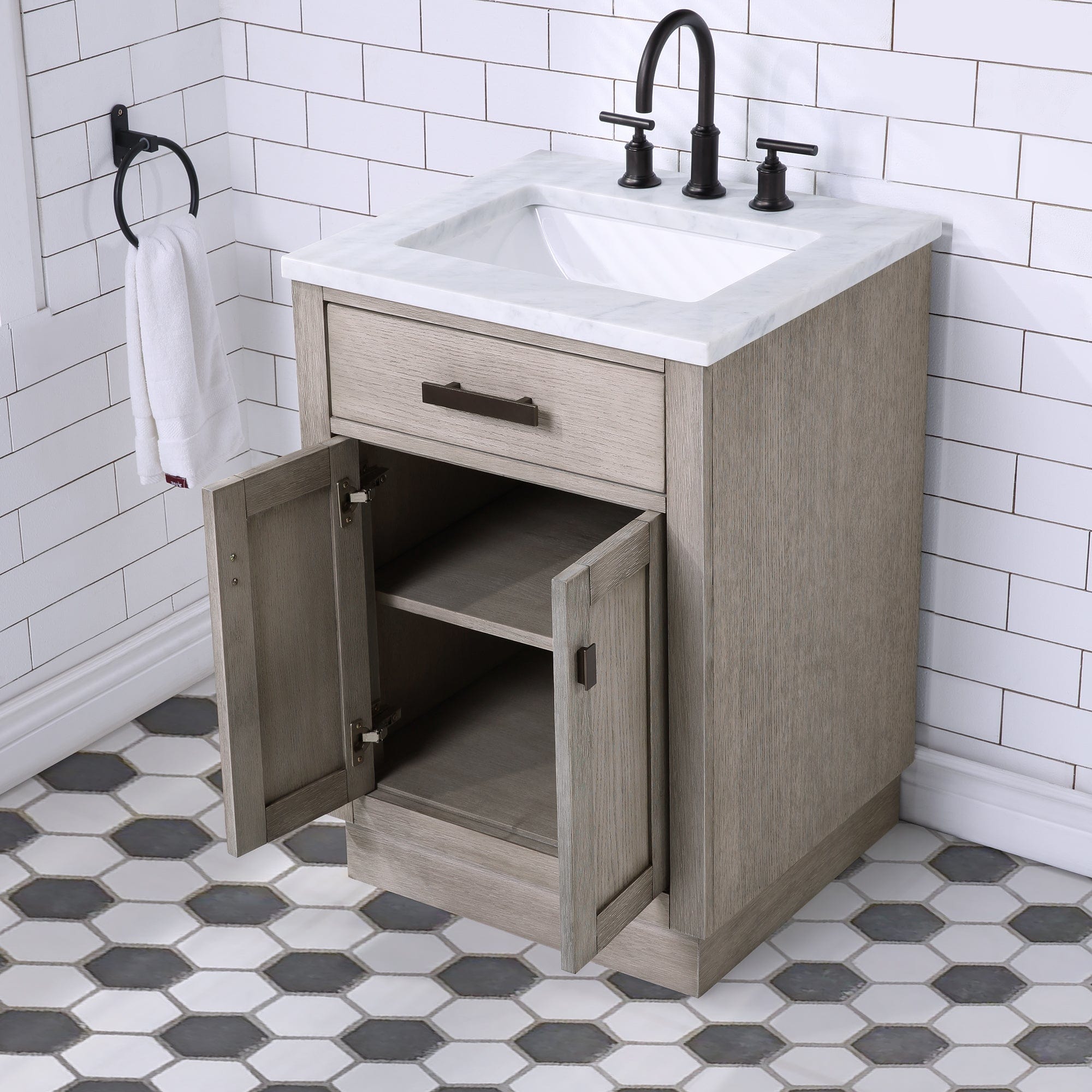 Chestnut 24 In. Single Sink Carrara White Marble Countertop Vanity In Grey Oak with Grooseneck Faucet and Mirror - Molaix732030764590CH24CW03GK-R21BL1403