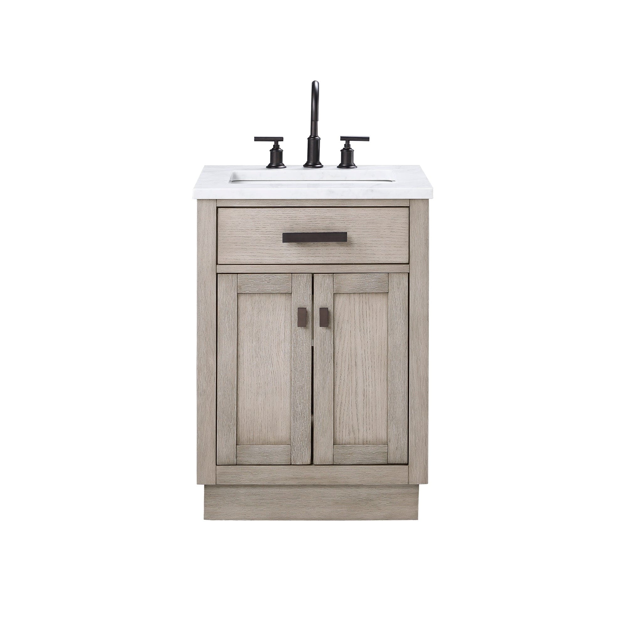 Chestnut 24 In. Single Sink Carrara White Marble Countertop Vanity In Grey Oak with Grooseneck Faucet and Mirror - Molaix732030764590CH24CW03GK-R21BL1403