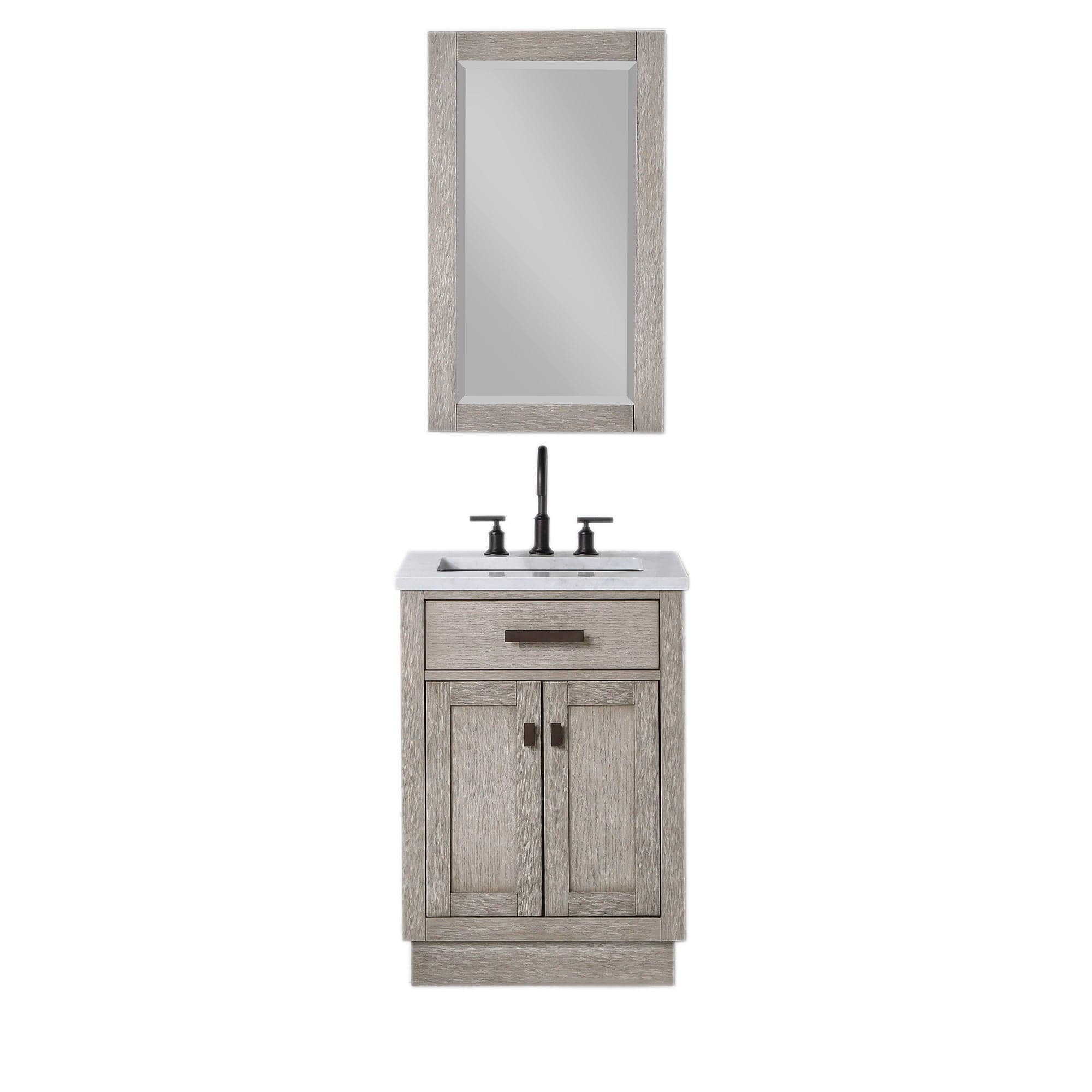 Chestnut 24 In. Single Sink Carrara White Marble Countertop Vanity In Grey Oak with Grooseneck Faucet and Mirror - Molaix732030764590CH24CW03GK-R21BL1403