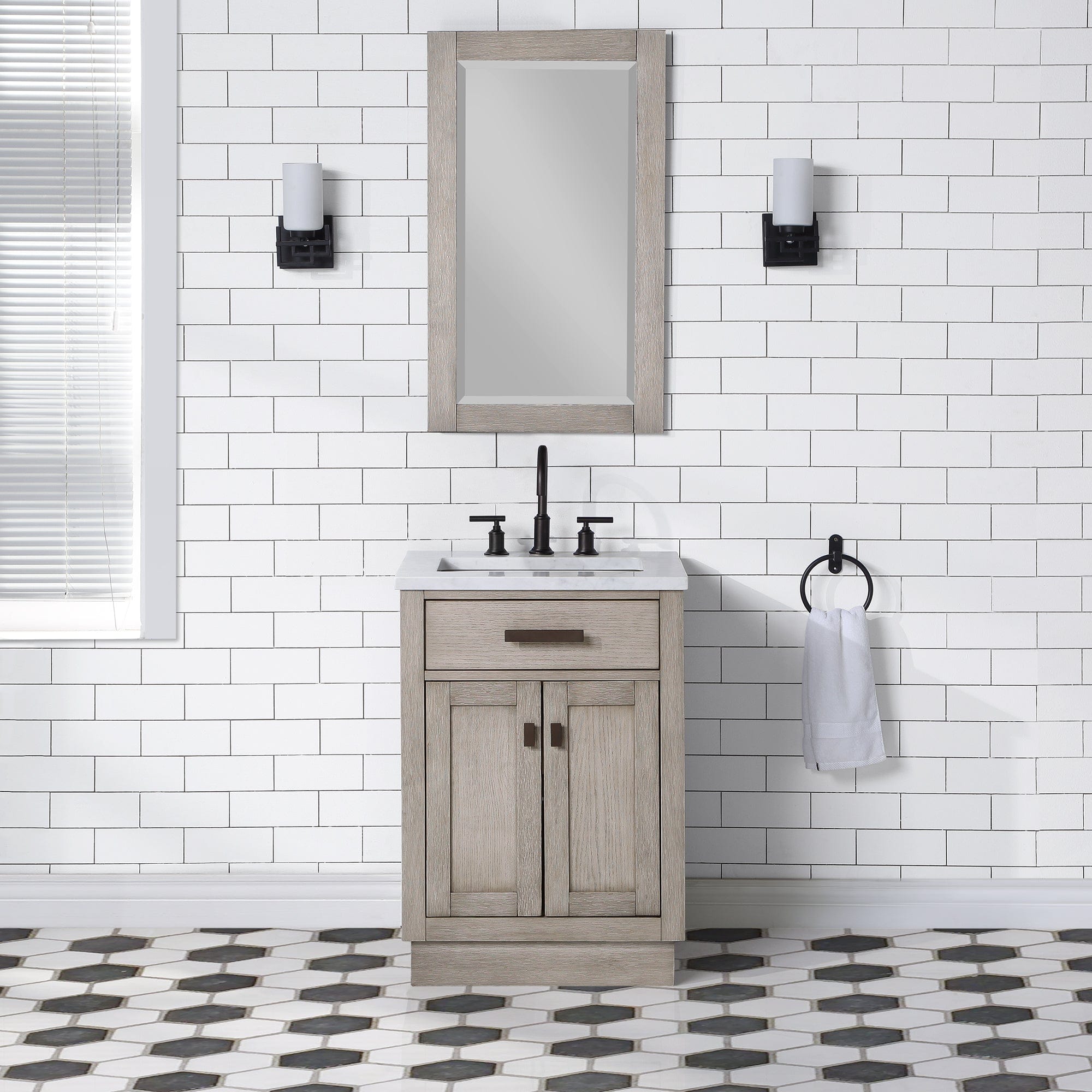 Chestnut 24 In. Single Sink Carrara White Marble Countertop Vanity In Grey Oak with Mirror - Molaix732030764552CH24CW03GK-R21000000