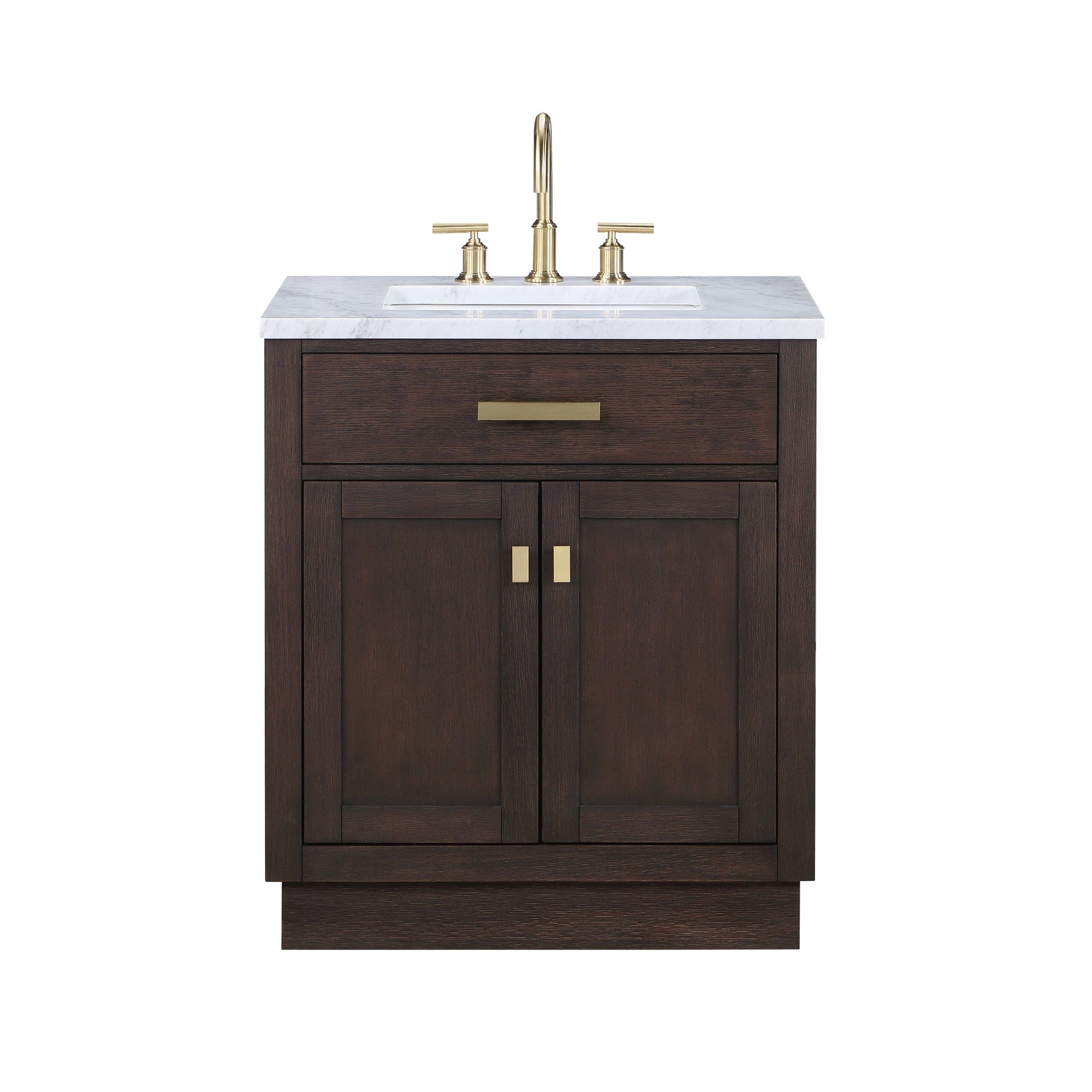 Chestnut 30 In. Single Sink Carrara White Marble Countertop Vanity In Brown Oak with Grooseneck Faucet - Molaix732030764668CH30CW06BK-000BL1406