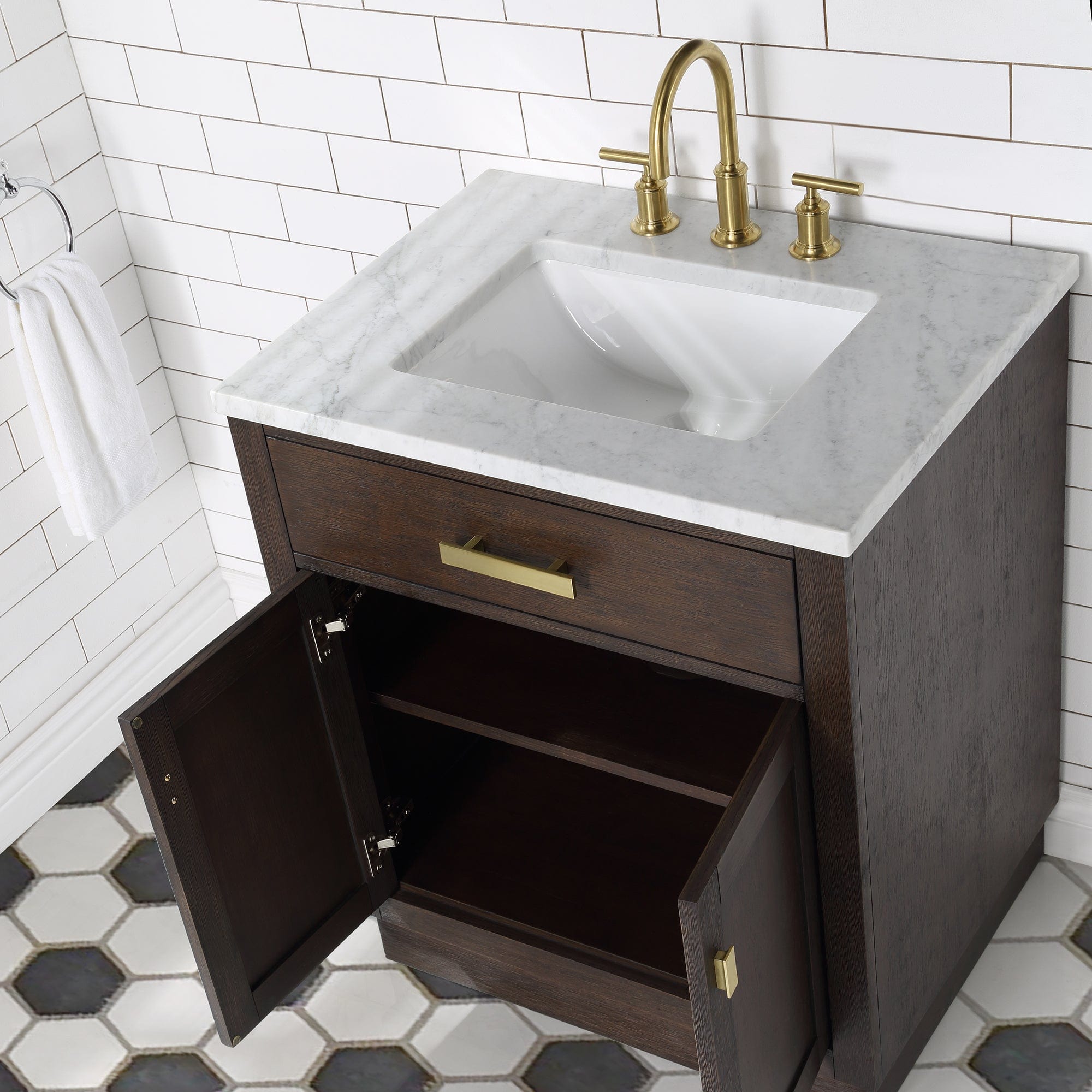 Chestnut 30 In. Single Sink Carrara White Marble Countertop Vanity In Brown Oak with Grooseneck Faucet and Mirror - Molaix732030764682CH30CW06BK-R21BL1406