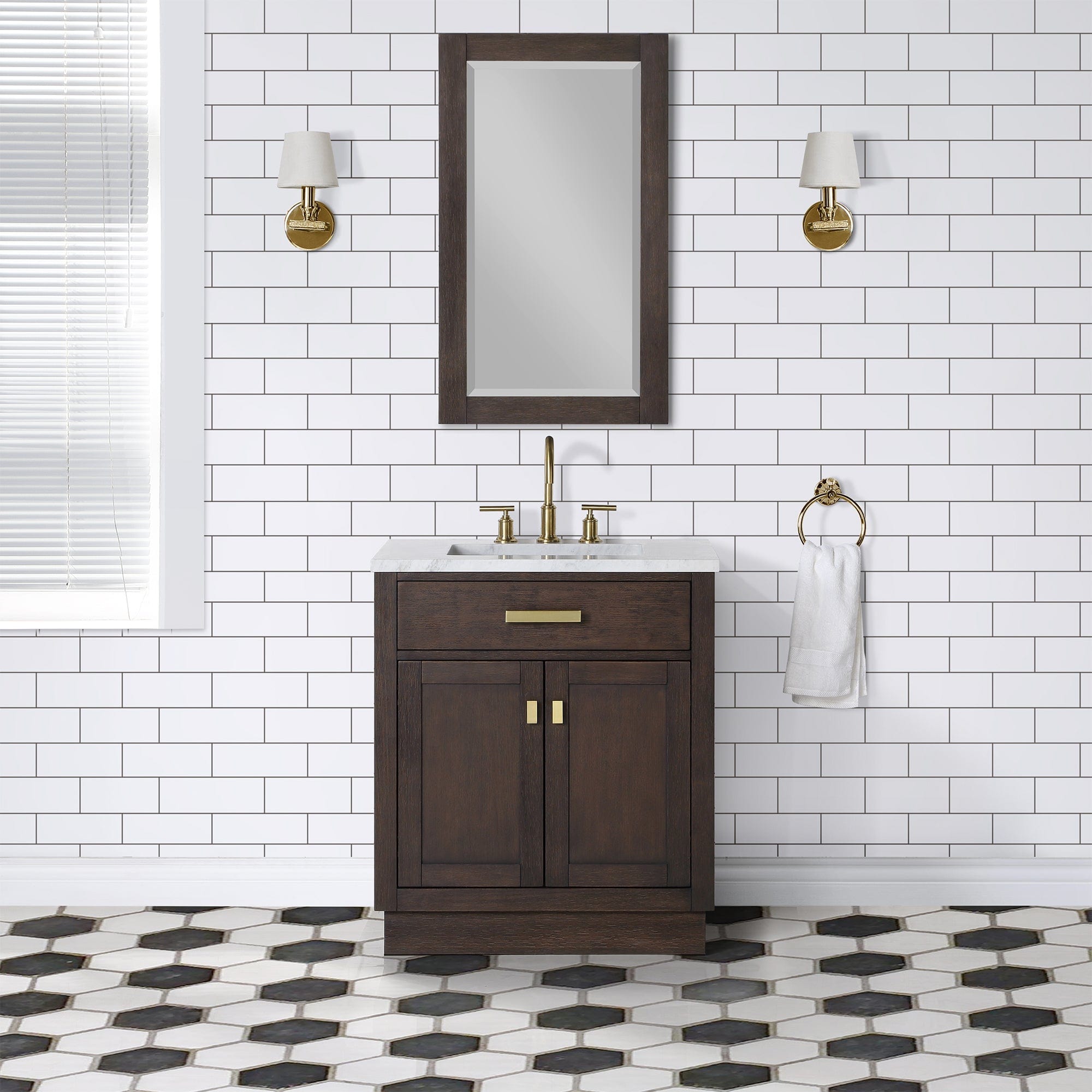 Chestnut 30 In. Single Sink Carrara White Marble Countertop Vanity In Brown Oak with Grooseneck Faucet and Mirror - Molaix732030764682CH30CW06BK-R21BL1406