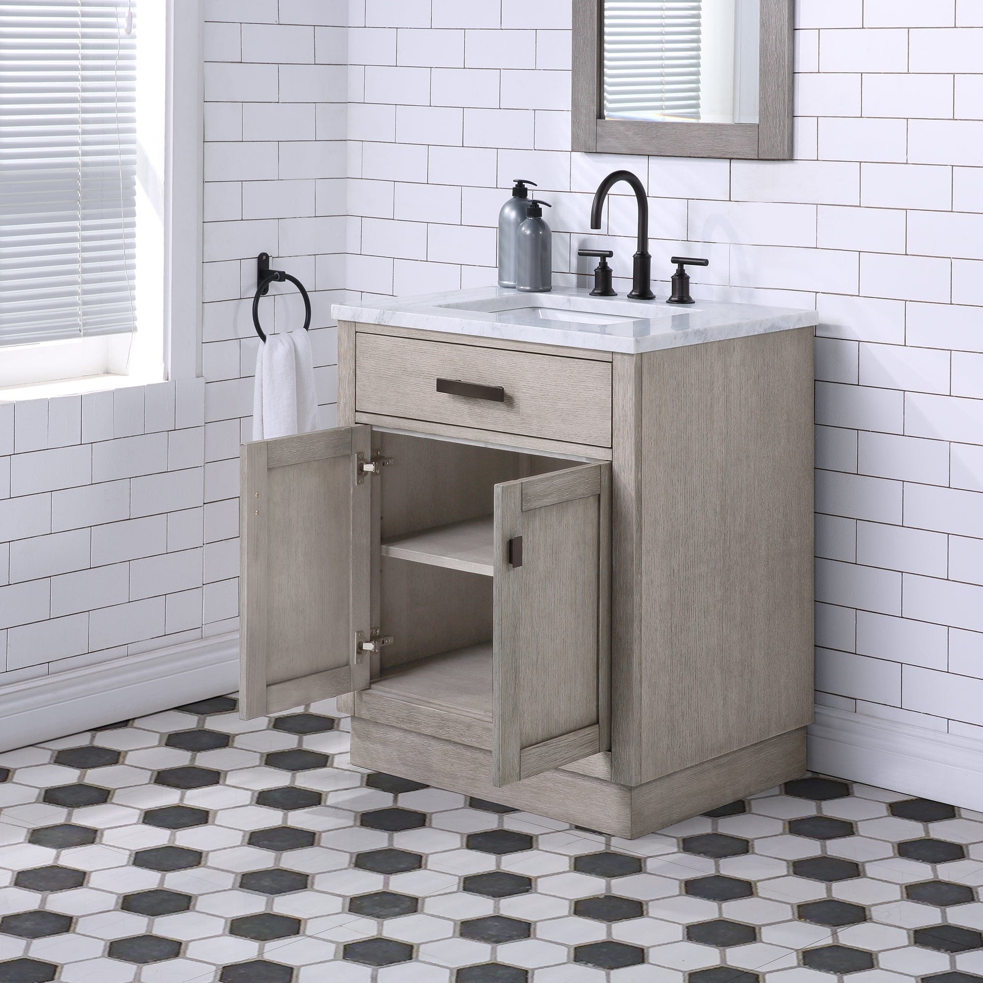 Chestnut 30 In. Single Sink Carrara White Marble Countertop Vanity In Grey Oak with Grooseneck Faucet - Molaix732030764651CH30CW03GK-000BL1403