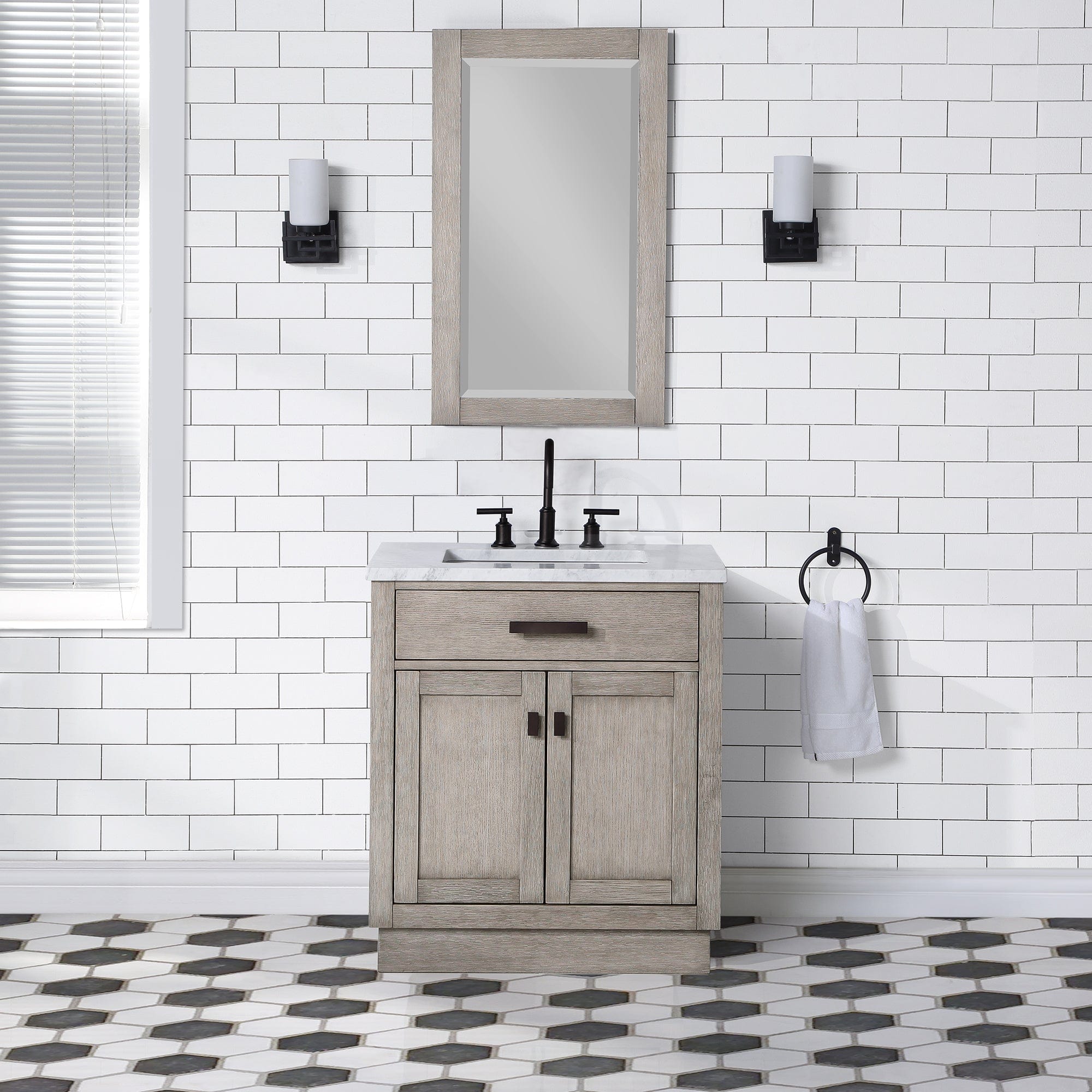 Chestnut 30 In. Single Sink Carrara White Marble Countertop Vanity In Grey Oak with Grooseneck Faucet and Mirror - Molaix732030764675CH30CW03GK-R21BL1403