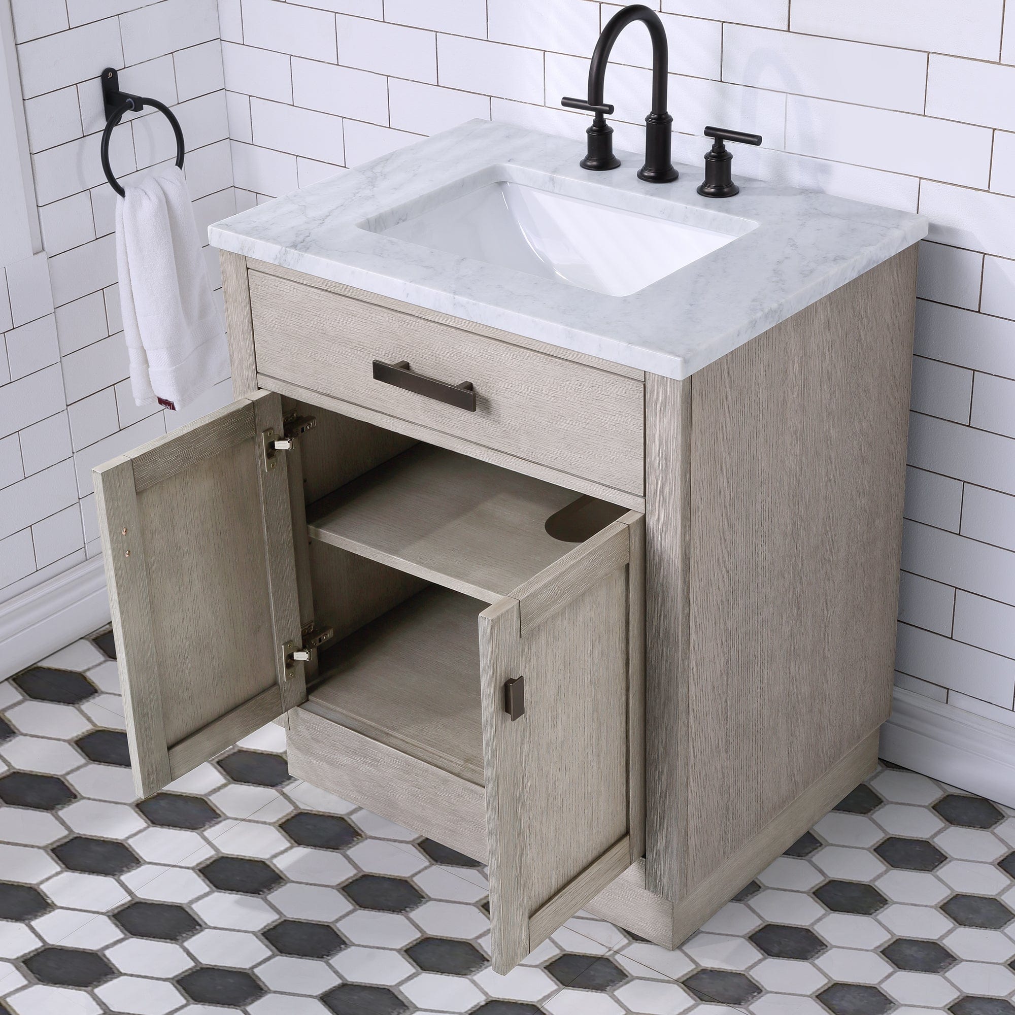 Chestnut 30 In. Single Sink Carrara White Marble Countertop Vanity In Grey Oak with Mirror - Molaix732030764637CH30CW03GK-R21000000