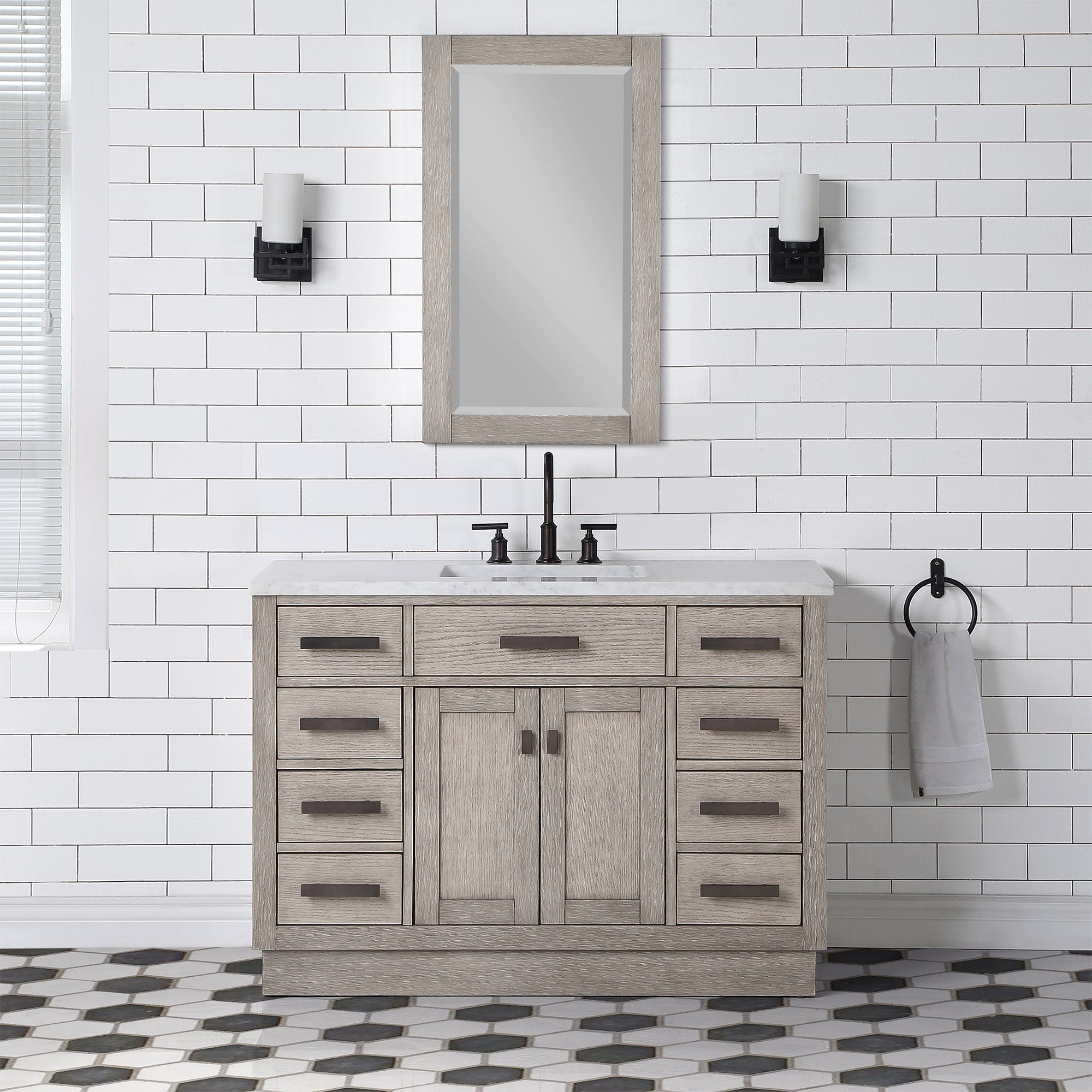 Chestnut 48 In. Single Sink Carrara White Marble Countertop Vanity In Grey Oak with Grooseneck Faucet - Molaix732030764736CH48CW03GK-000BL1403
