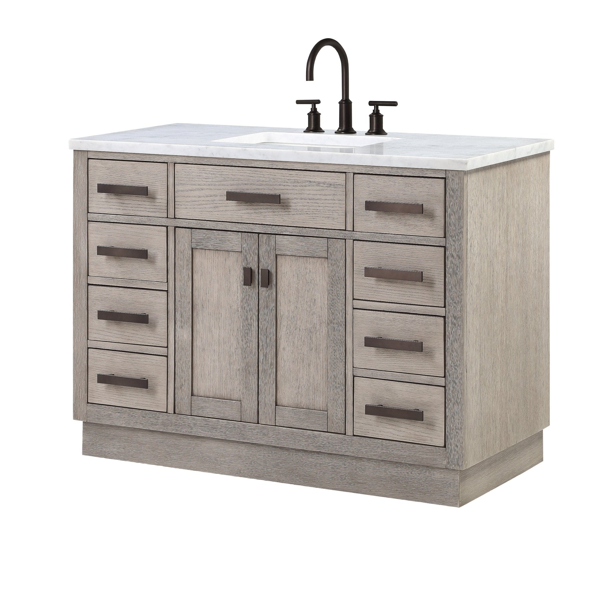 Chestnut 48 In. Single Sink Carrara White Marble Countertop Vanity In Grey Oak with Grooseneck Faucet and Mirror - Molaix732030764750CH48CW03GK-R21BL1403