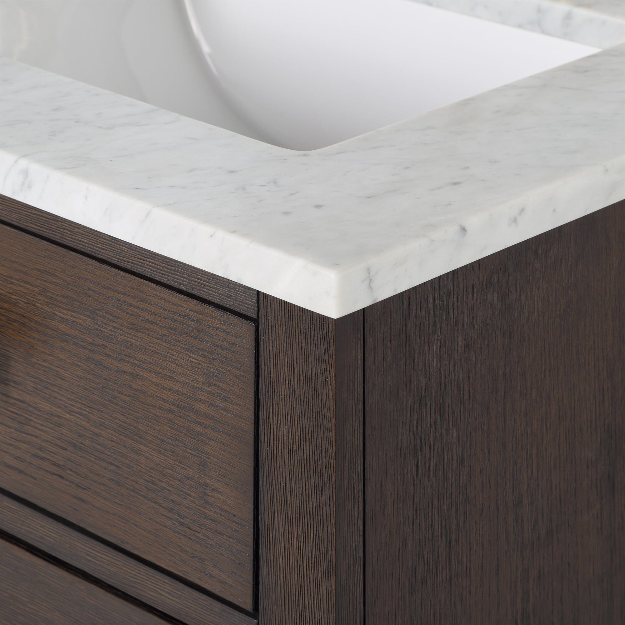 Chestnut 60 In. Double Sink Carrara White Marble Countertop Vanity In Brown Oak with Grooseneck Faucets - Molaix732030764828CH60CW06BK-000BL1406