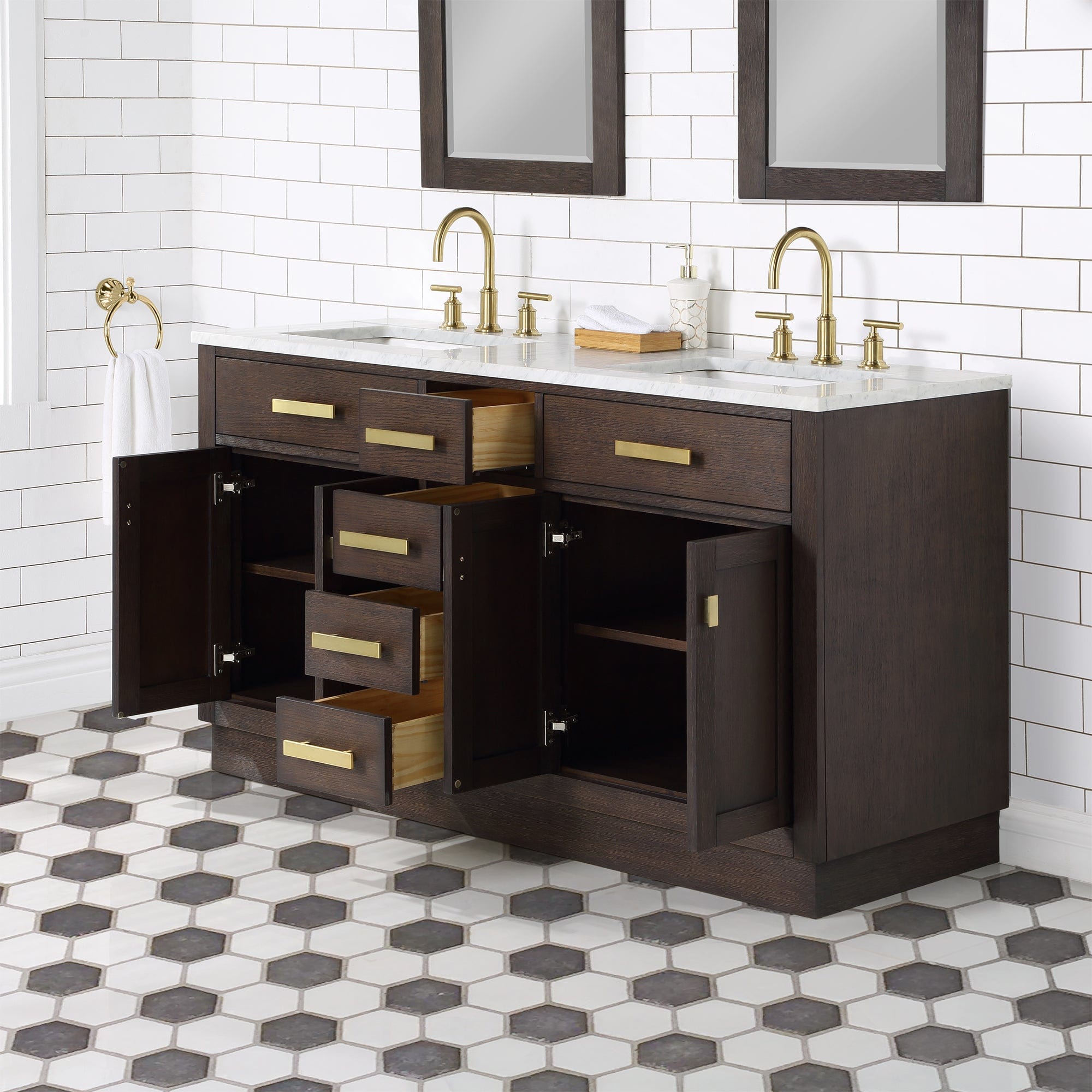 Chestnut 60 In. Double Sink Carrara White Marble Countertop Vanity In Brown Oak with Grooseneck Faucets - Molaix732030764828CH60CW06BK-000BL1406