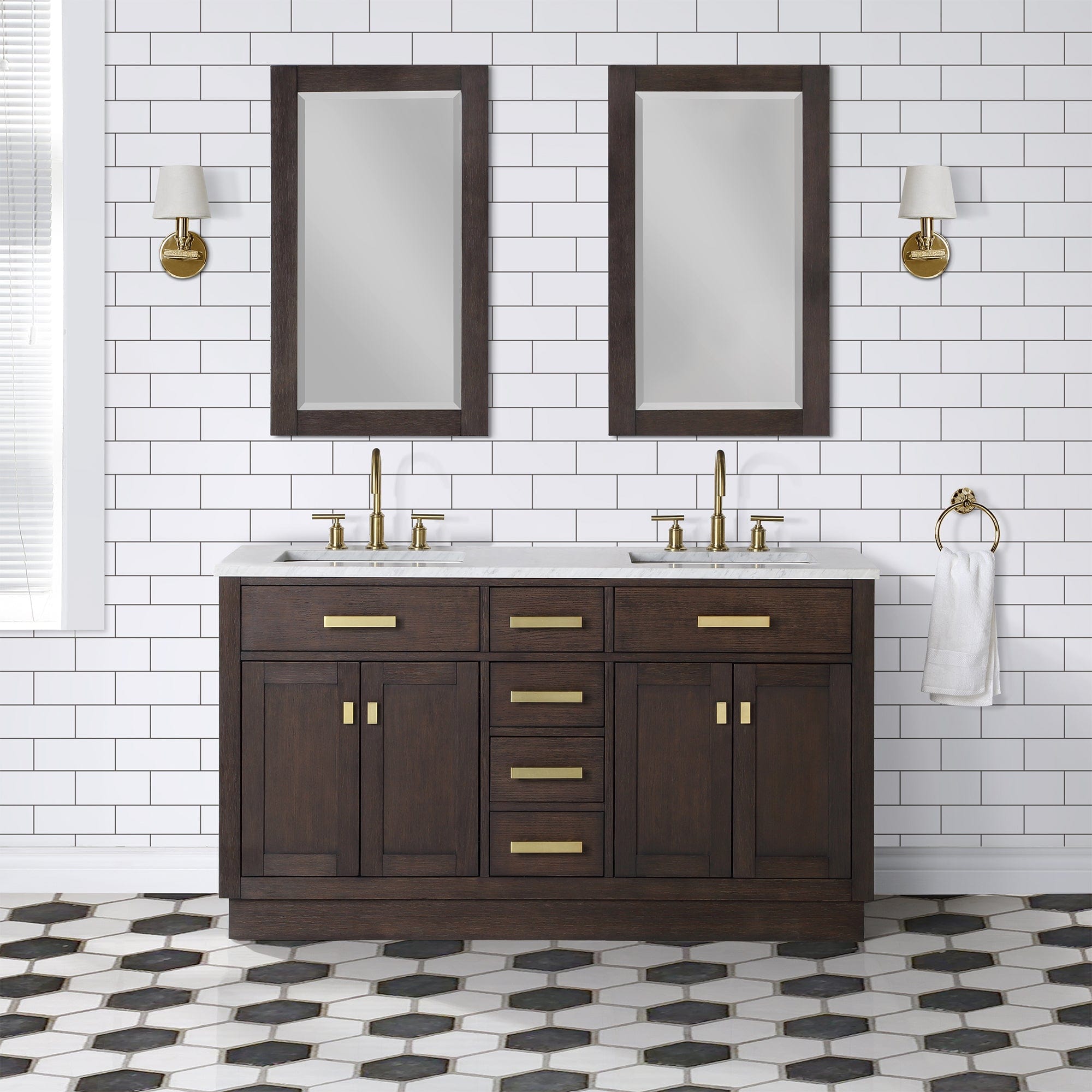 Chestnut 60 In. Double Sink Carrara White Marble Countertop Vanity In Brown Oak with Grooseneck Faucets and Mirrors - Molaix732030764842CH60CW06BK-R21BL1406