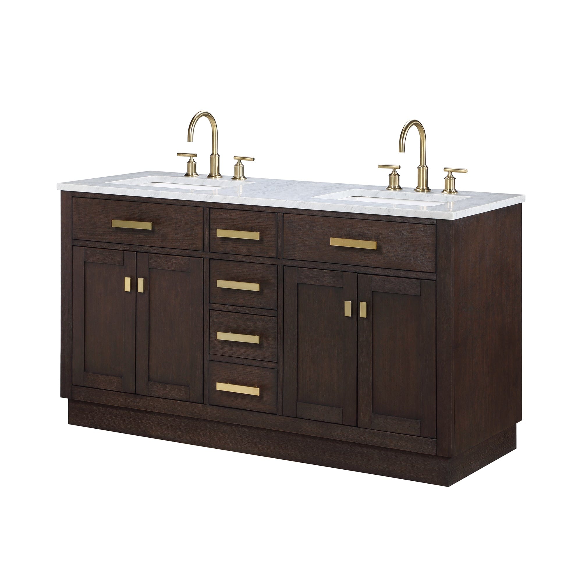Chestnut 60 In. Double Sink Carrara White Marble Countertop Vanity In Brown Oak with Mirrors - Molaix732030764804CH60CW06BK-R21000000