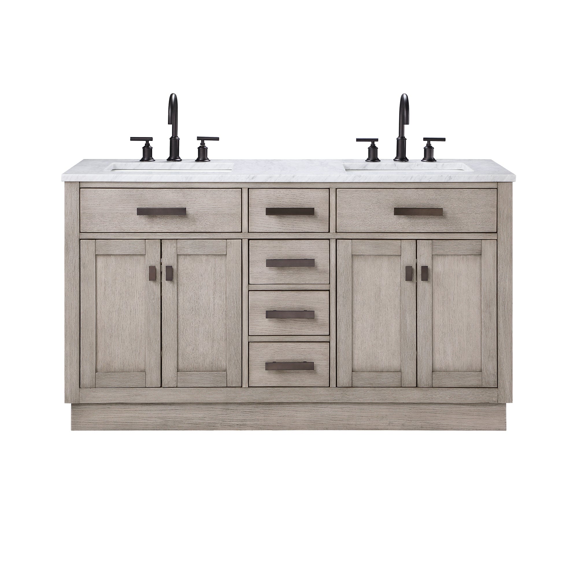 Chestnut 60 In. Double Sink Carrara White Marble Countertop Vanity In Grey Oak with Grooseneck Faucets - Molaix732030764811CH60CW03GK-000BL1403