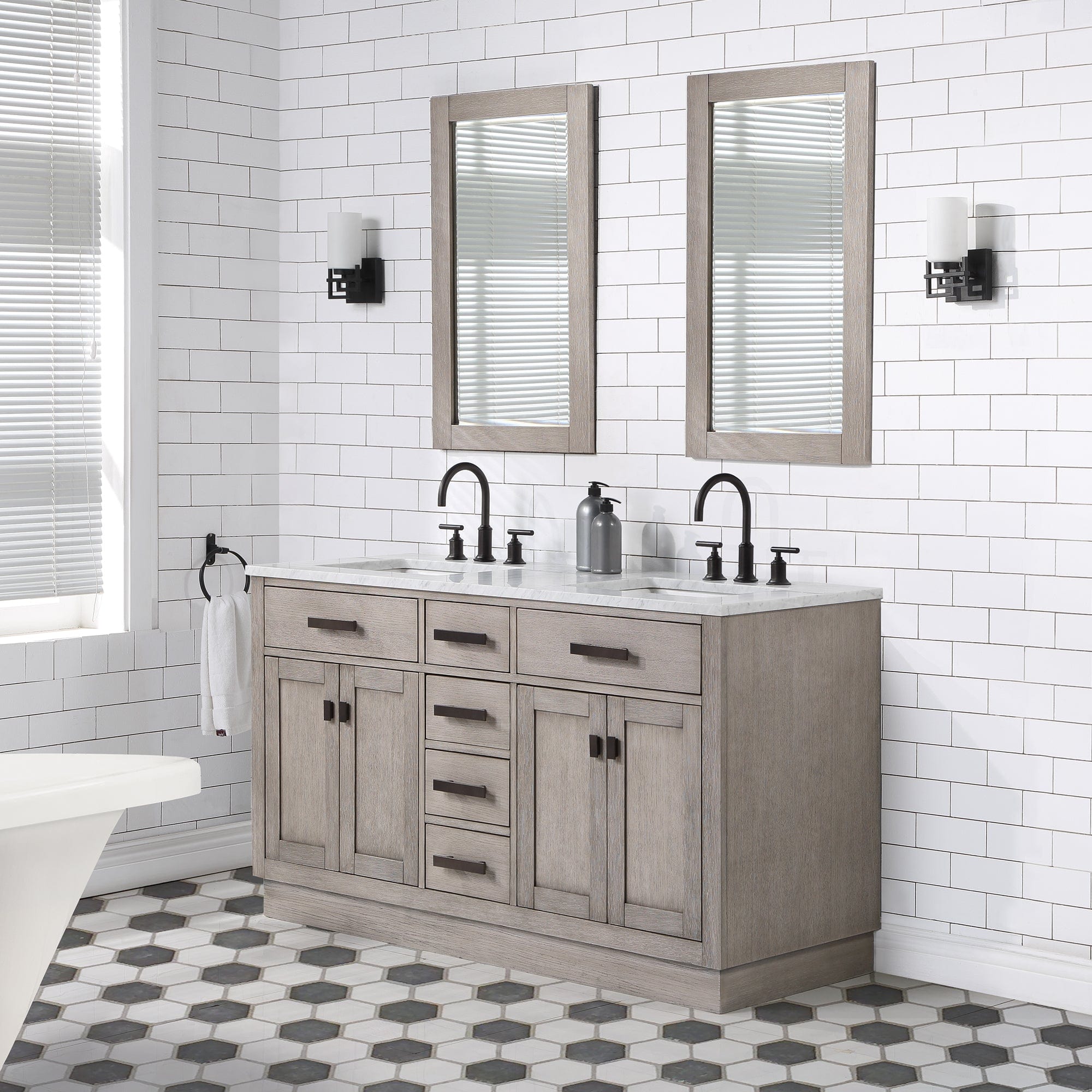 Chestnut 60 In. Double Sink Carrara White Marble Countertop Vanity In Grey Oak with Grooseneck Faucets - Molaix732030764811CH60CW03GK-000BL1403