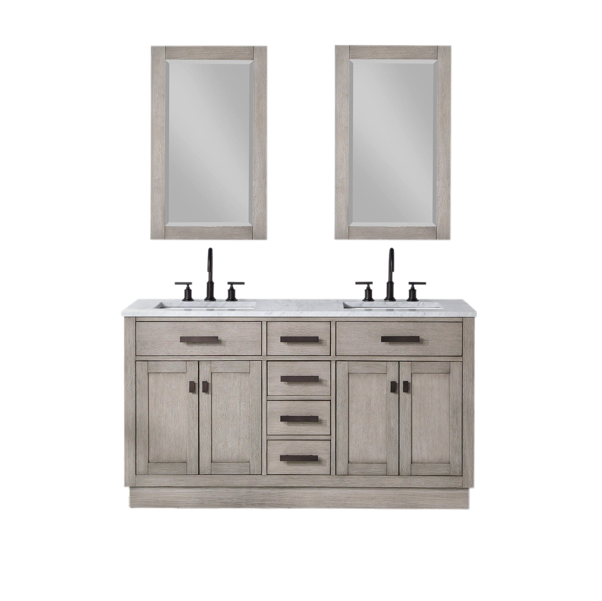 Chestnut 60 In. Double Sink Carrara White Marble Countertop Vanity In Grey Oak with Grooseneck Faucets and Mirrors - Molaix732030764835CH60CW03GK-R21BL1403