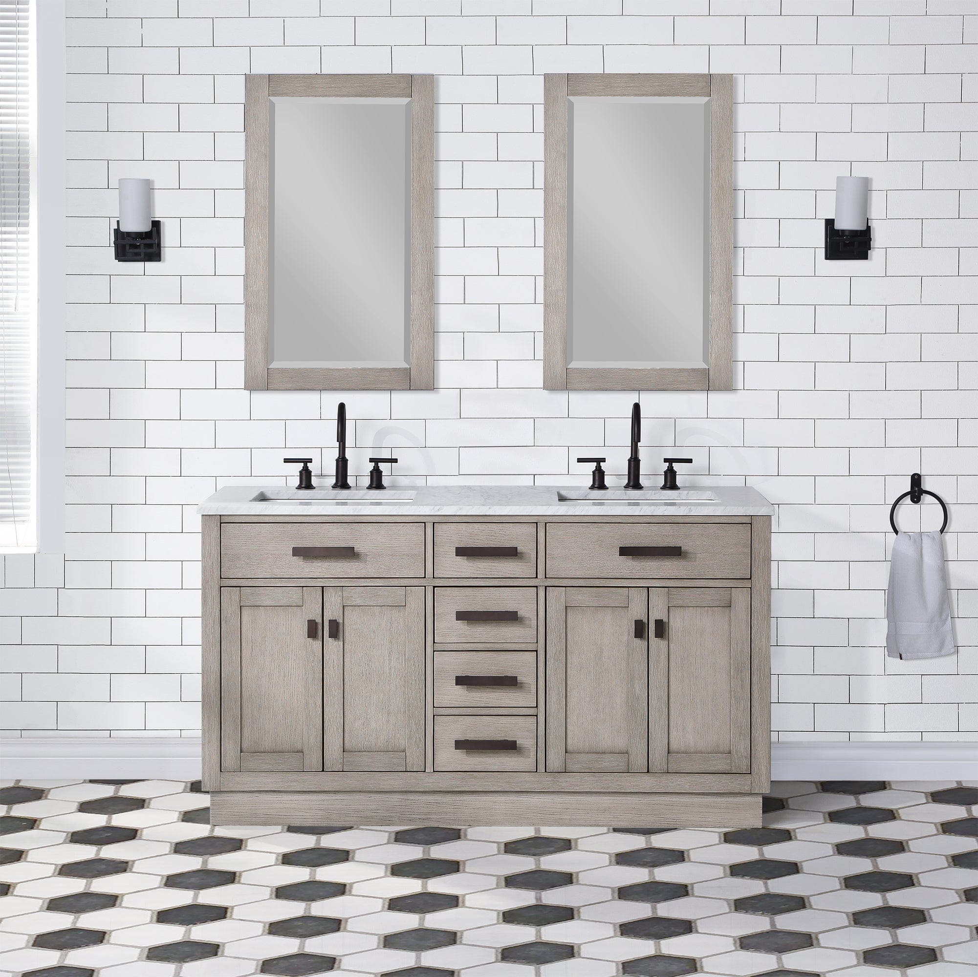 Chestnut 60 In. Double Sink Carrara White Marble Countertop Vanity In Grey Oak with Grooseneck Faucets and Mirrors - Molaix732030764835CH60CW03GK-R21BL1403
