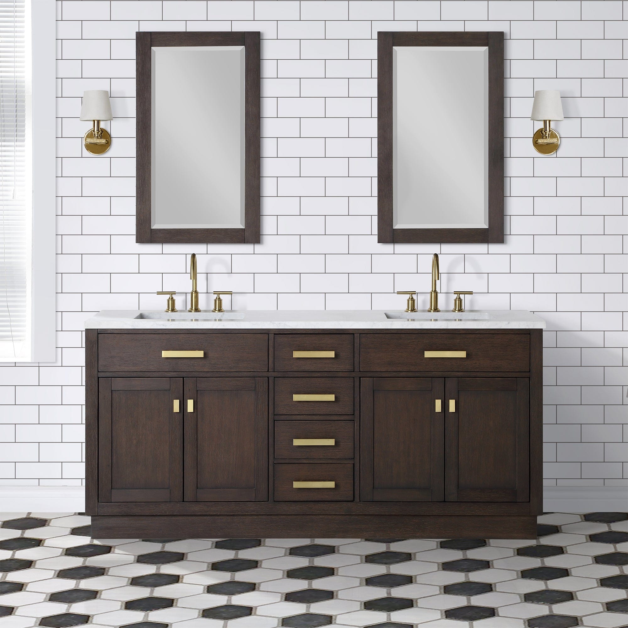 Chestnut 72 In. Double Sink Carrara White Marble Countertop Vanity In Brown Oak with Mirrors - Molaix732030764880CH72CW06BK-R21000000