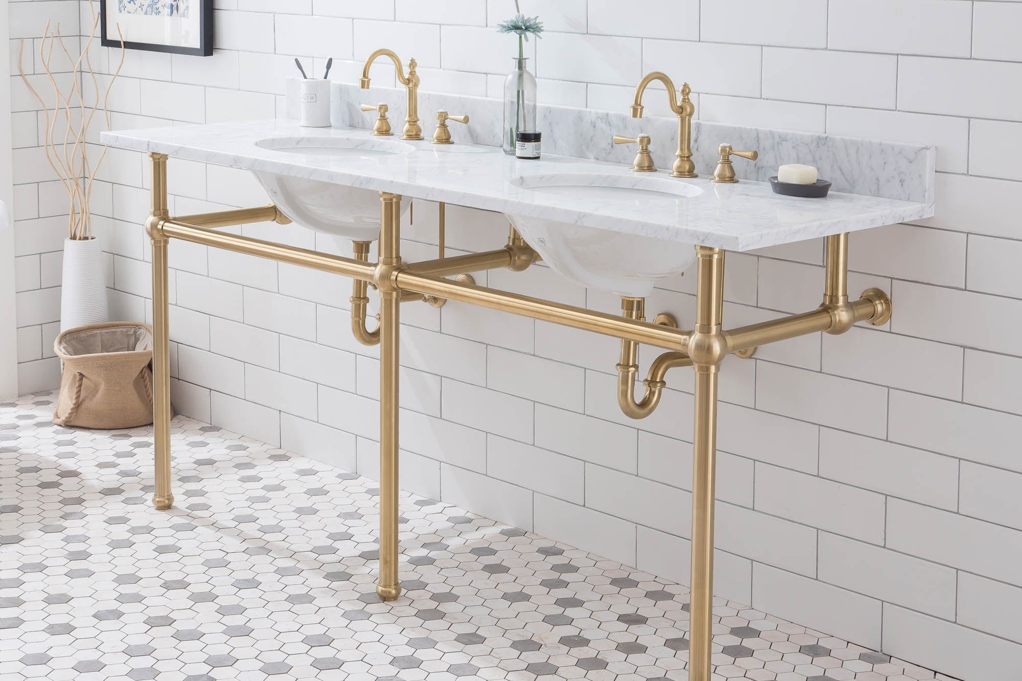 Embassy 72 Inch Wide Double Wash Stand, P-Trap, and Counter Top with Basin included in Satin Gold Finish - Molaix732030762329EB72C-0600