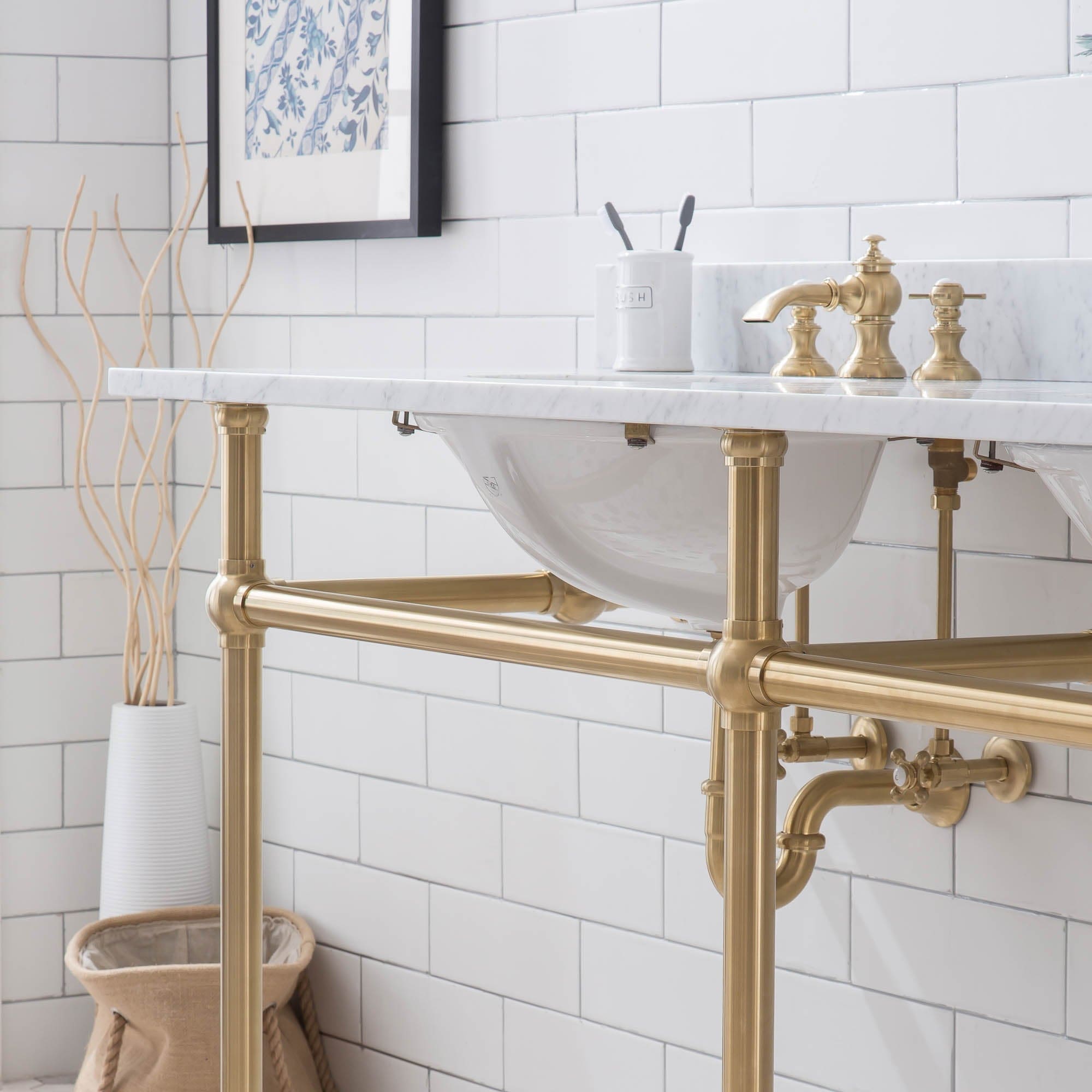 Embassy 72 Inch Wide Double Wash Stand, P-Trap, Counter Top with Basin, and F2-0013 Faucet included in Satin Gold Finish - Molaix732030762404EB72D-0613