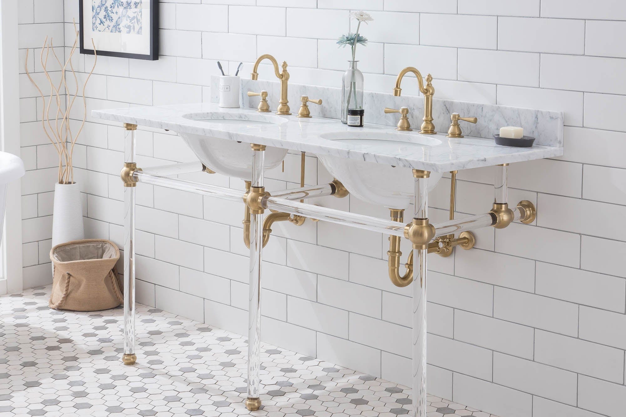 Empire 60 Inch Wide Double Wash Stand, P-Trap, Counter Top with Basin, and F2-0012 Faucet included in Satin Gold Finish - Molaix732030762893EP60D-0612