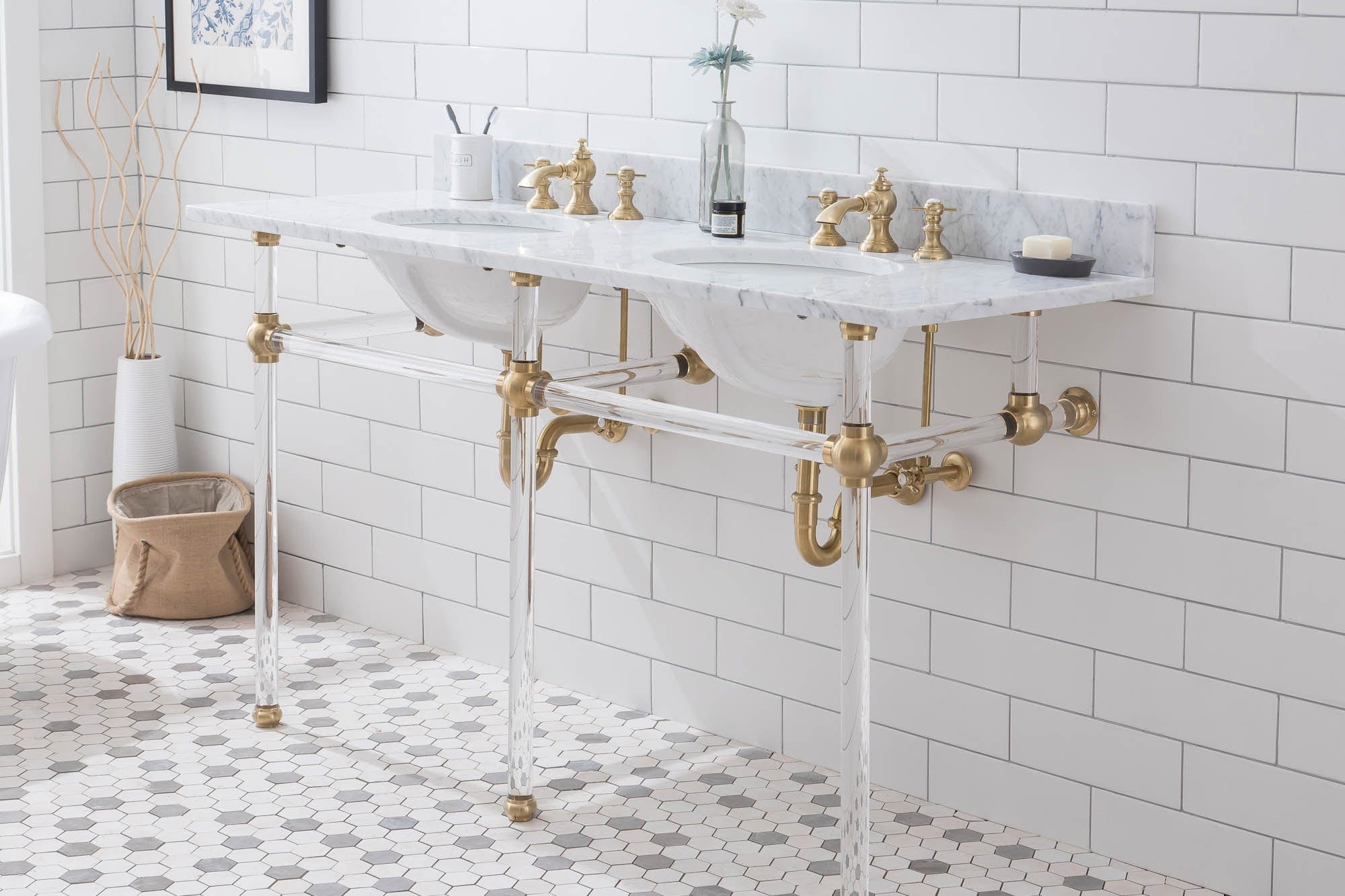 Empire 60 Inch Wide Double Wash Stand, P-Trap, Counter Top with Basin, and F2-0013 Faucet included in Satin Gold Finish - Molaix732030762909EP60D-0613