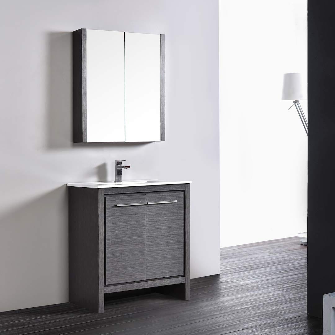 Milan - 30 Inch Vanity with Ceramic Sink & Mirrored Medicine Cabinet - Silver Grey - Molaix842708124035Milan014 30 16 C MC