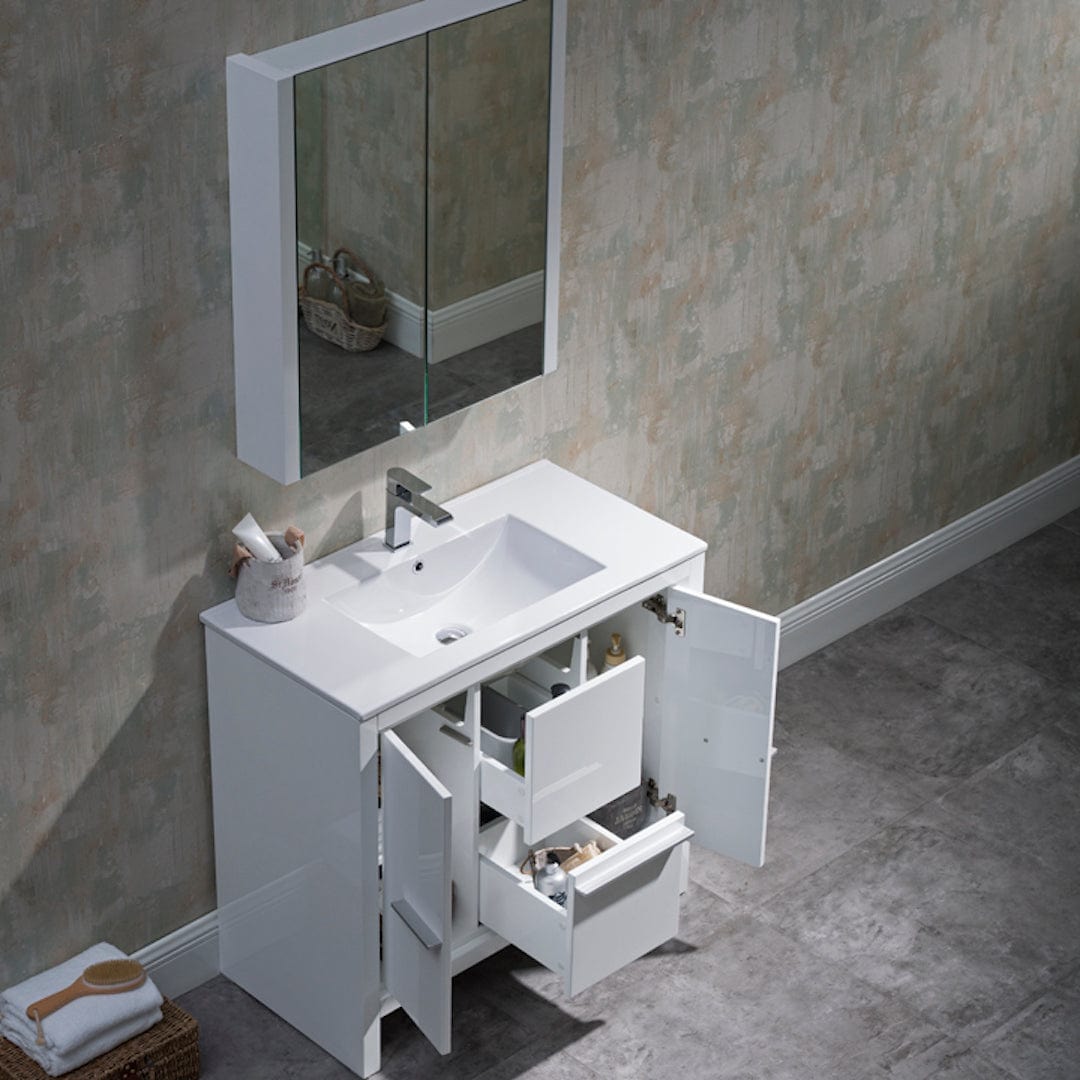 Milan - 36 Inch Vanity with Ceramic Sink & Mirrored Medicine Cabinet- White - White - Molaix842708124066Milan014 36 01 C MC