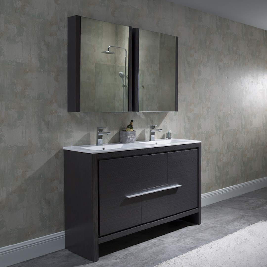 Milan - 48 Inch Vanity with Ceramic Double Sinks & Mirrored Medicine Cabinets - Silver Grey - Molaix842708124196Milan014 48 16D C MC