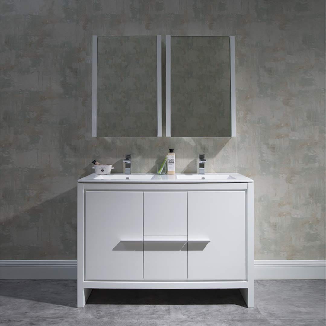 Milan - 48 Inch Vanity with Ceramic Double Sinks & Mirrored Medicine Cabinets - White - Molaix842708124141Milan014 48 01D C MC