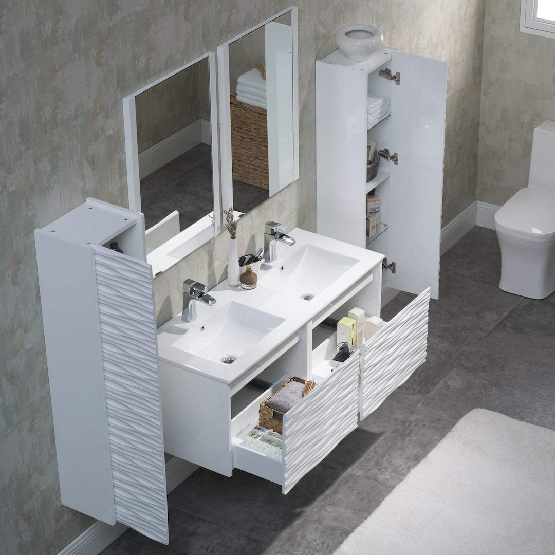 Paris - 48 Inch Vanity with Ceramic Double Sinks, Two Mirrors & Two Side Cabinets - White - Molaix842708122420Paris008 48 01D C M 2SC