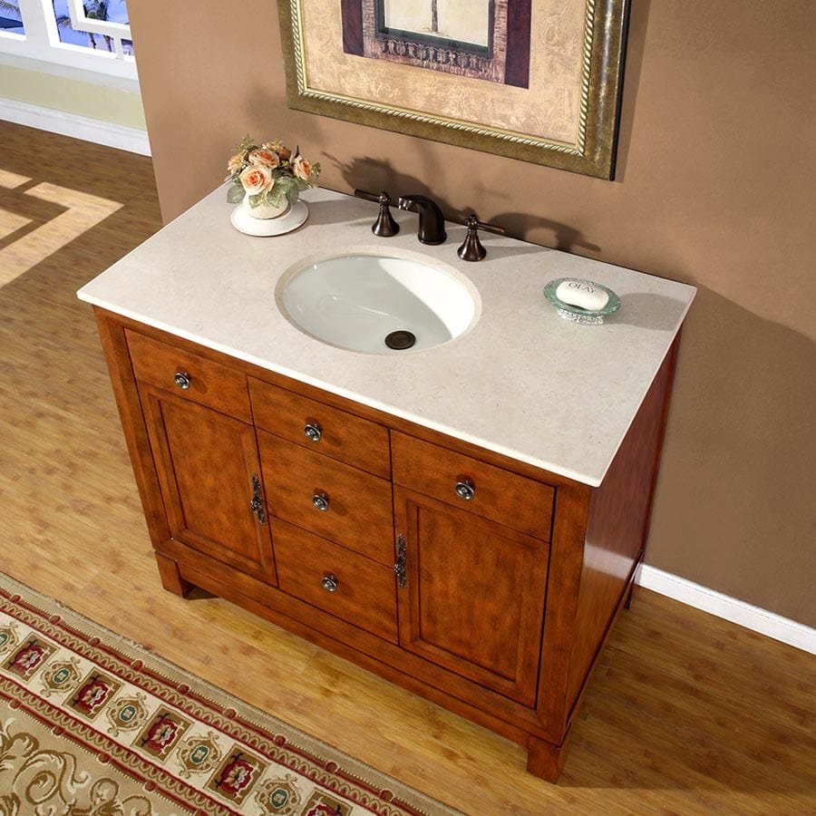 Silkroad Exclusive 42-inch Crema Marfil Marble Top Single Sink Bathroom Vanity - HYP-0911-CM-UWC-42 - Molaix610256800936Bathroom VanityHYP-0911-CM-UWC-42