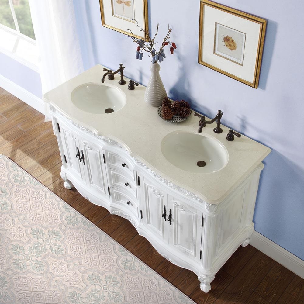 Silkroad Exclusive 58-inch Crema Marfil Marble Top Double Sink Bathroom Vanity - HYP-0145-CM-UIC-58 - Molaix610256799926Bathroom VanityHYP-0145-CM-UIC-58