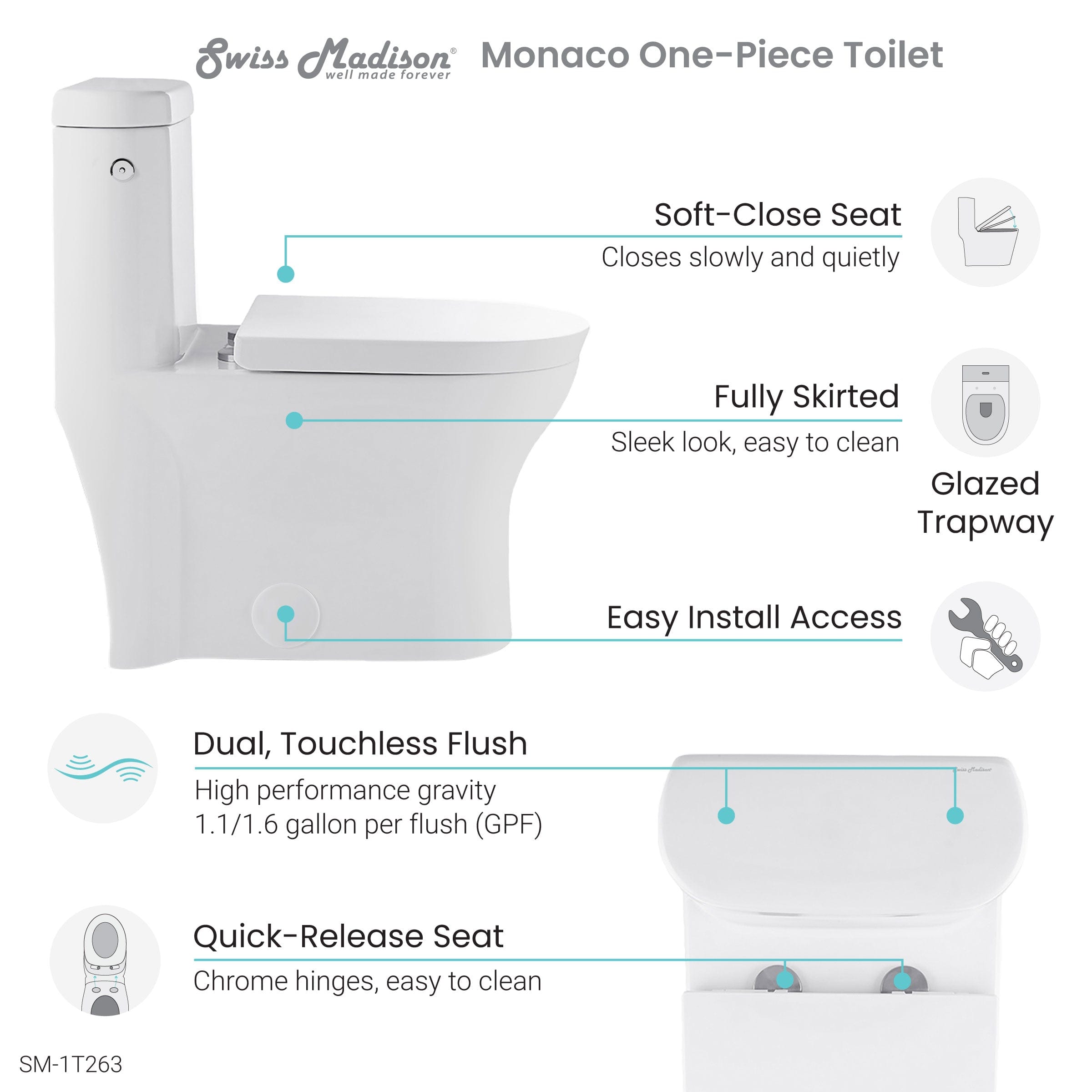 Monaco One-Piece Elongated Toilet Touchless Dual-Flush 1.1/1.6 gpf SM-1T263 - Molaix723552144205One-piece toiletSM-1T263