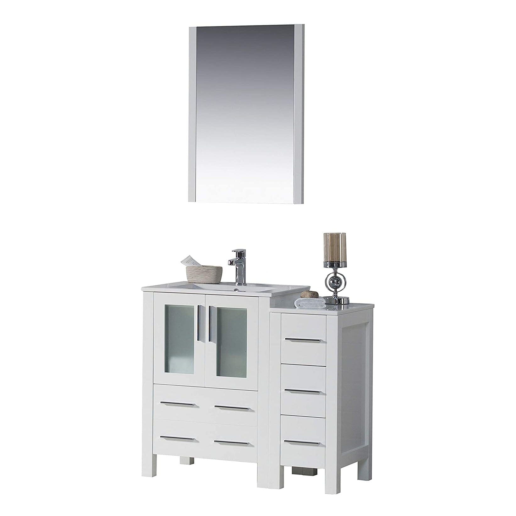 Sydney - 36 Inch Vanity with Ceramic Sink & Mirror & Side Cabinet - White - Molaix842708124585Sydney001 36S 01 C M