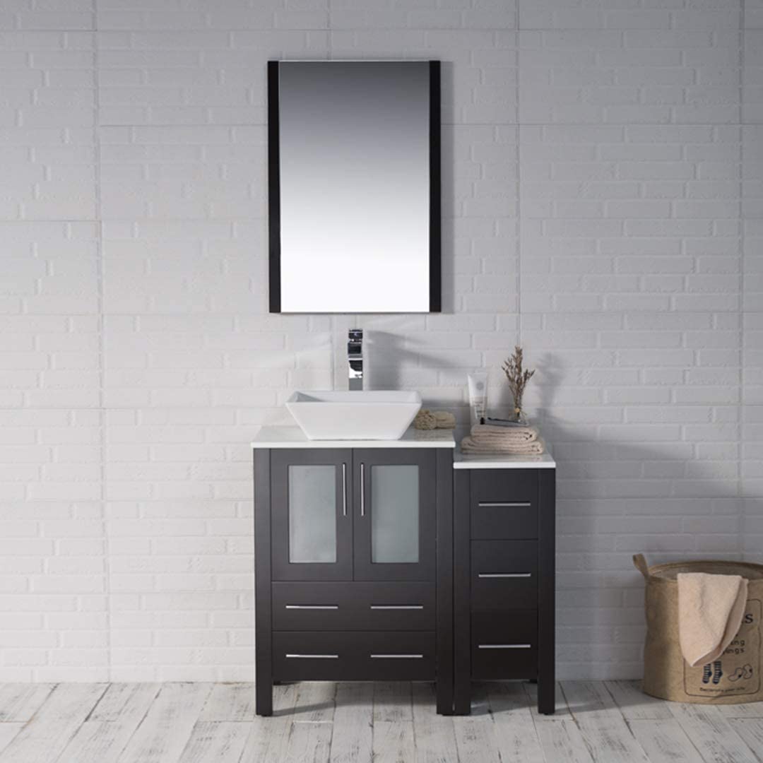 Sydney - 36 Inch Vanity with Ceramic Vessel Sink & Mirror & Side Cabinet - Espresso - Molaix842708124646Sydney001 36S 02 V M
