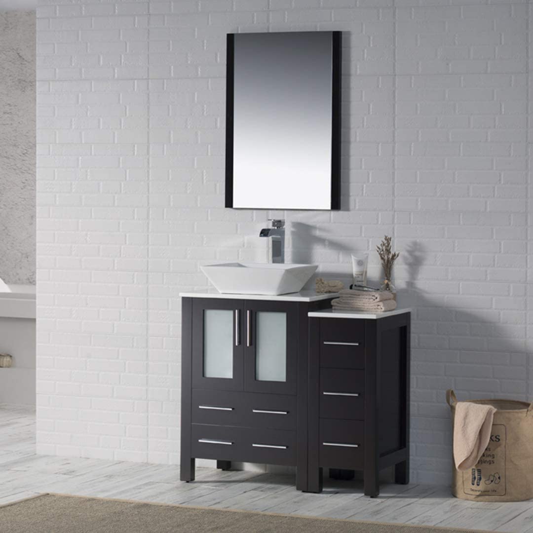 Sydney - 36 Inch Vanity with Ceramic Vessel Sink & Mirror & Side Cabinet - Espresso - Molaix842708124646Sydney001 36S 02 V M