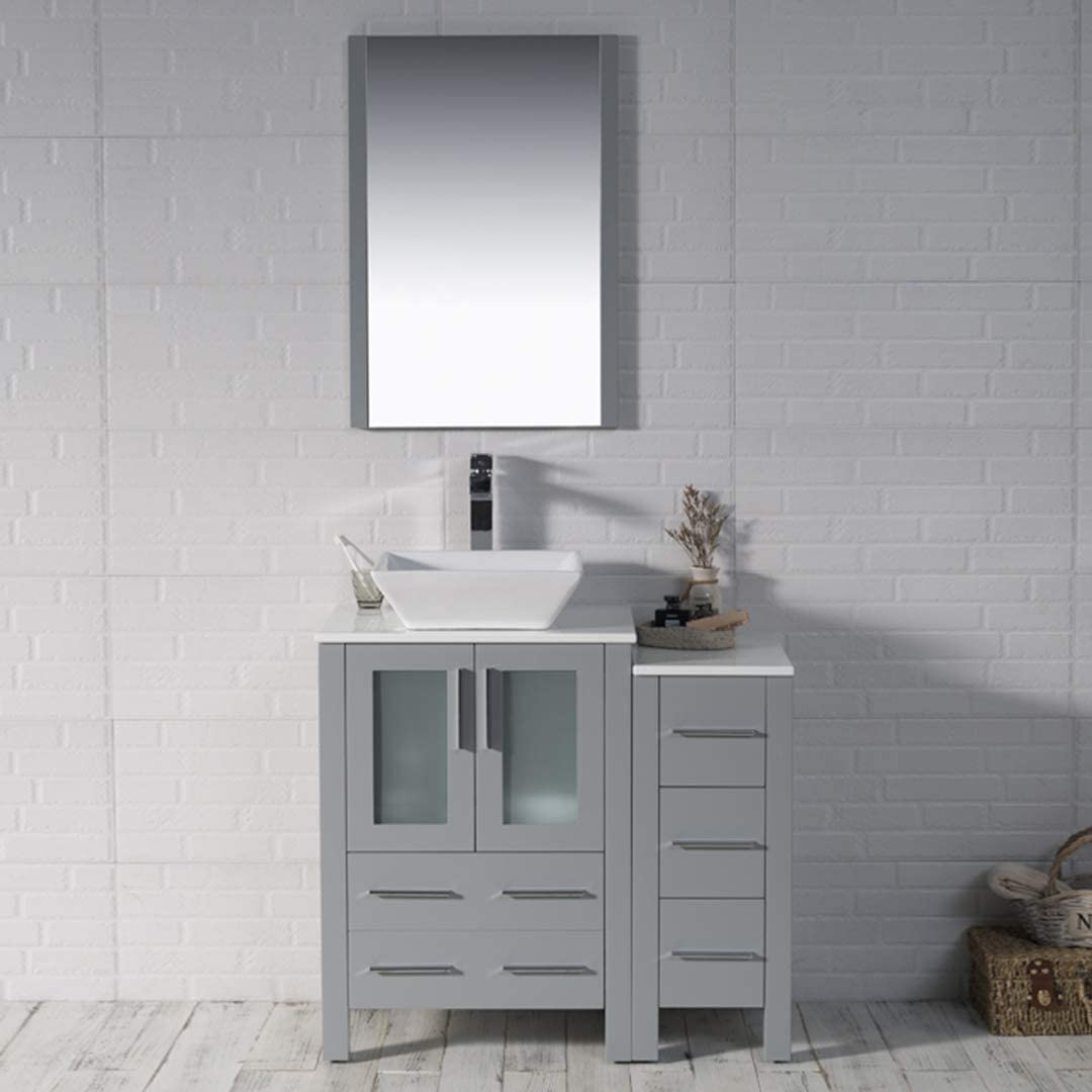 Sydney - 36 Inch Vanity with Ceramic Vessel Sink & Mirror & Side Cabinet - Metal Grey - Molaix842708124684Sydney001 36S 15 V M