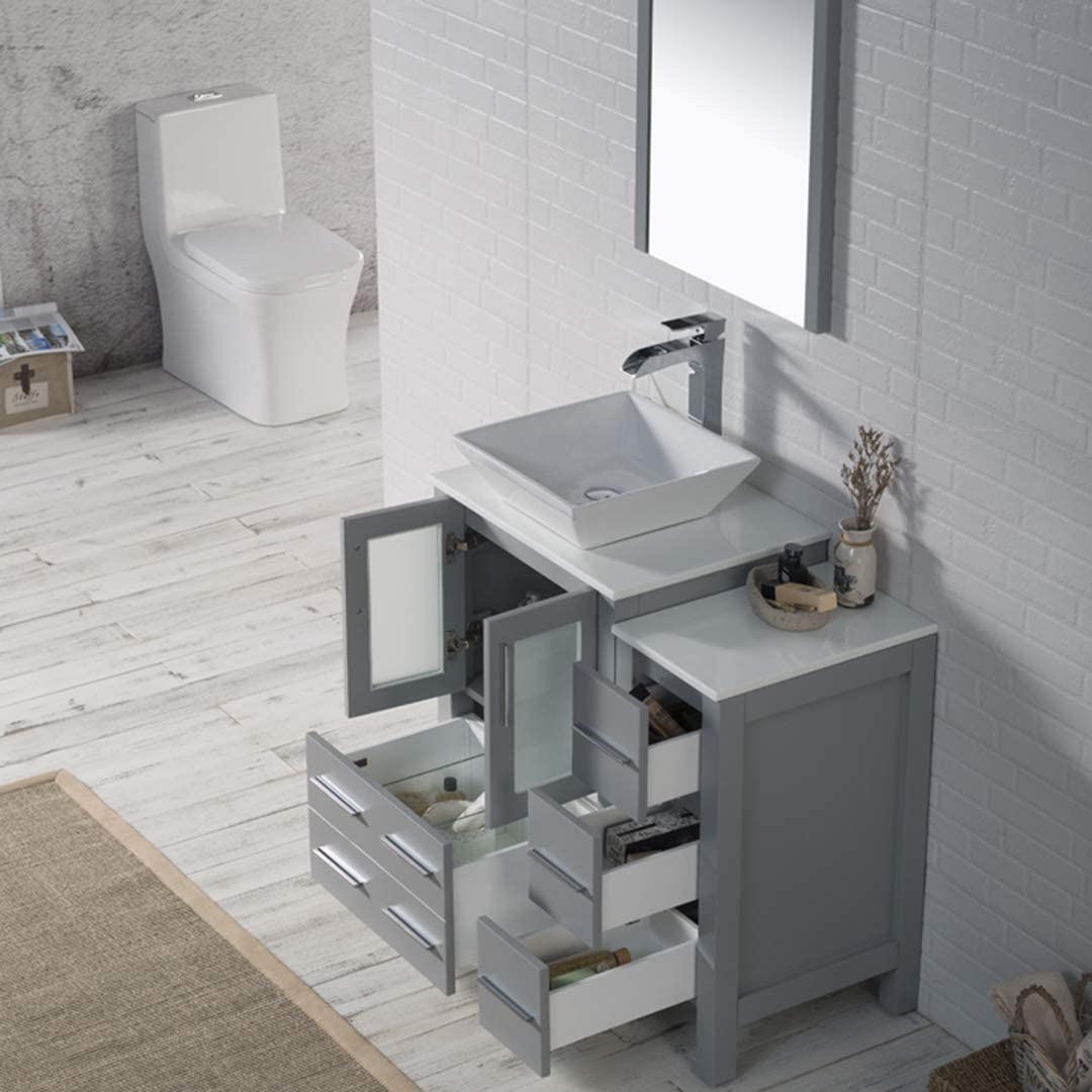 Sydney - 36 Inch Vanity with Ceramic Vessel Sink & Mirror & Side Cabinet - Metal Grey - Molaix842708124684Sydney001 36S 15 V M