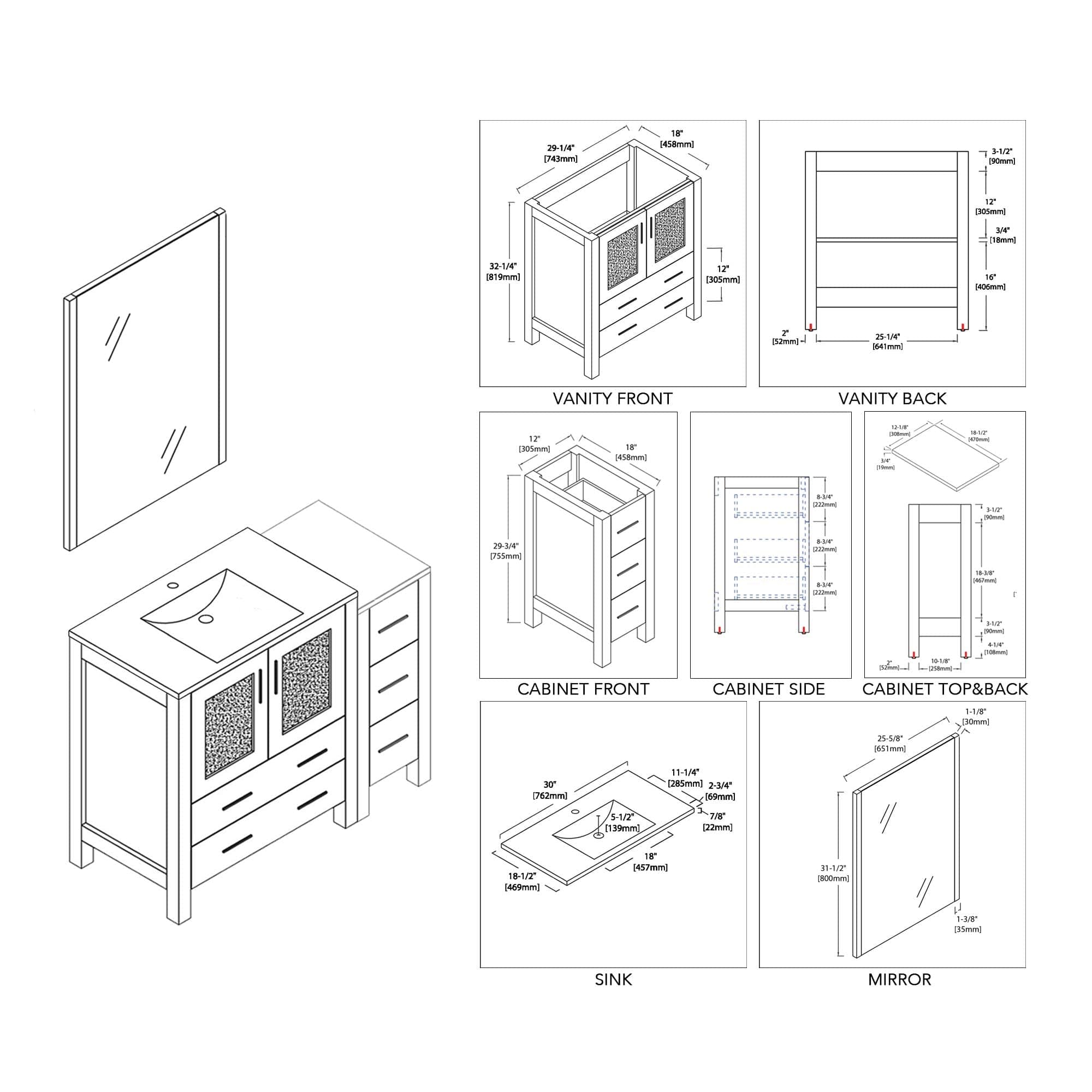 Sydney - 42 Inch Vanity with Ceramic Sink & Mirror & Side Cabinet - White - Molaix842708124714Sydney001 42S 01 C M
