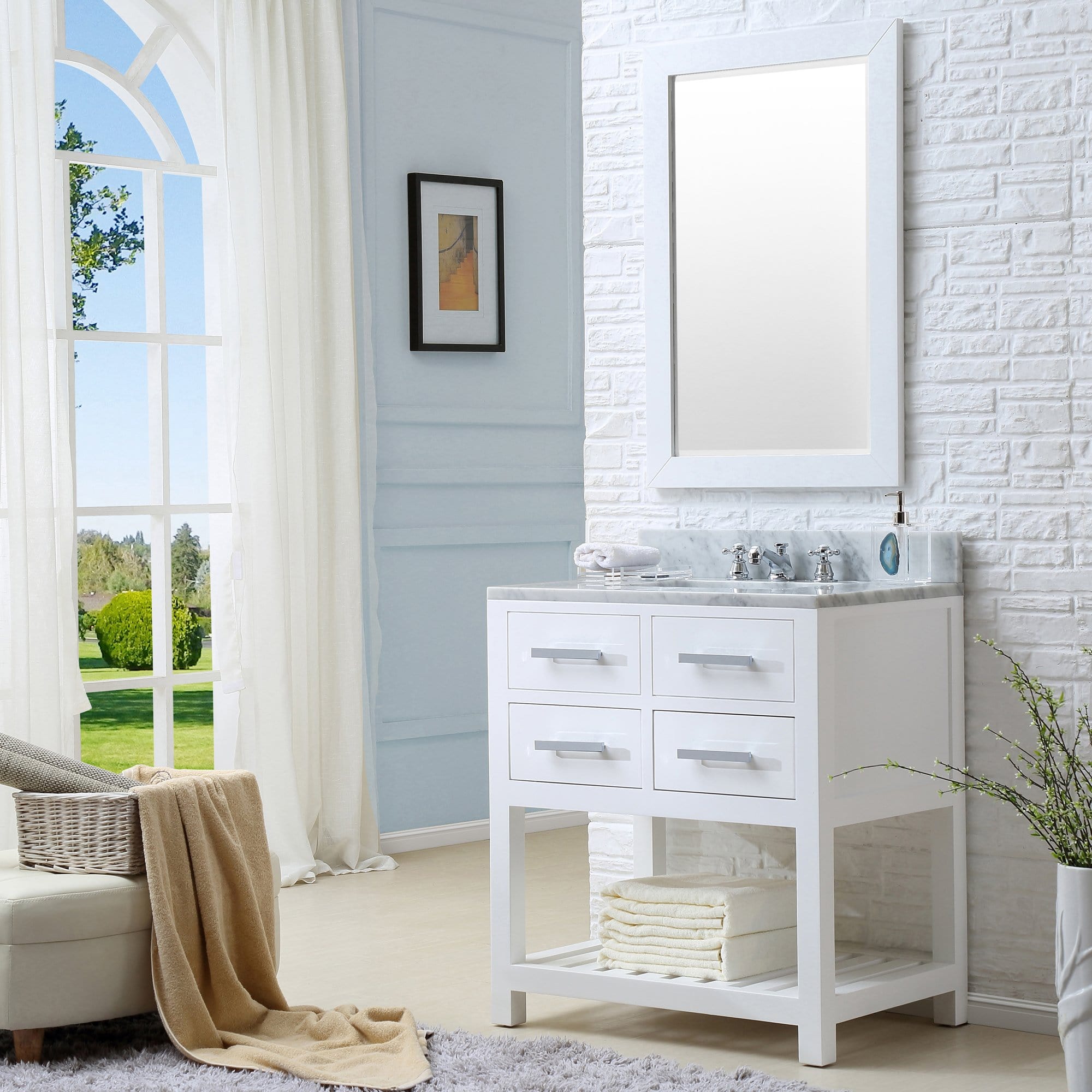 Water Creation 30 Inch Pure White Single Sink Bathroom Vanity With Matching Framed Mirror And Faucet From The Madalyn Collection - Molaix700621683582Bathroom vanityMA30CW01PW-R24BX0901