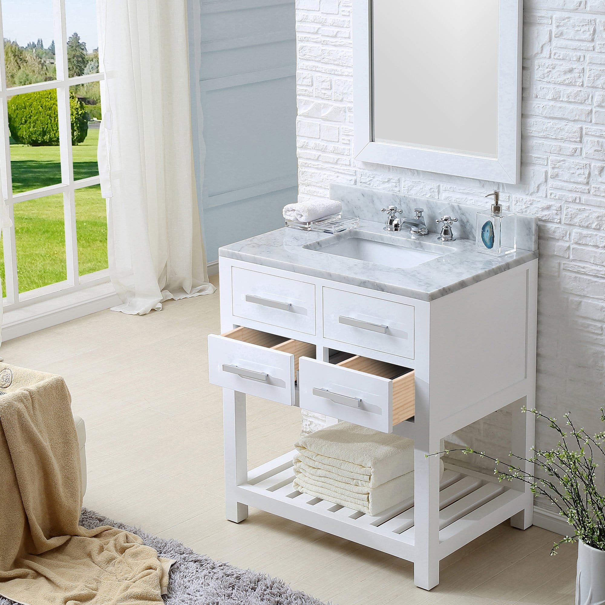 Water Creation 30 Inch Pure White Single Sink Bathroom Vanity With Matching Framed Mirror And Faucet From The Madalyn Collection - Molaix700621683582Bathroom vanityMA30CW01PW-R24BX0901