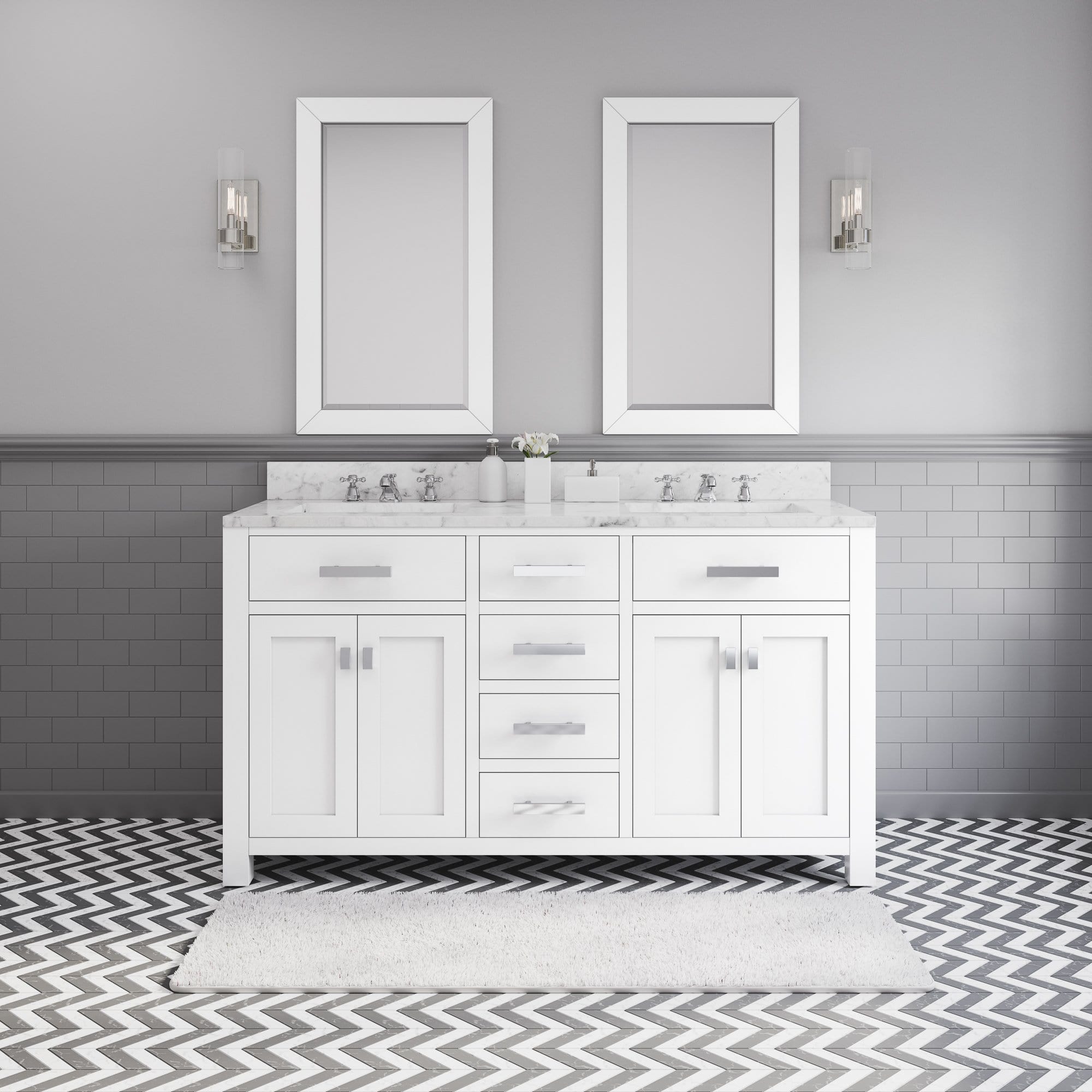 Water Creation 60 Inch Pure White Double Sink Bathroom Vanity With 2 Matching Framed Mirrors And Faucets From The Madison Collection - Molaix700621683810Bathroom vanityMS60CW01PW-R21BX0901