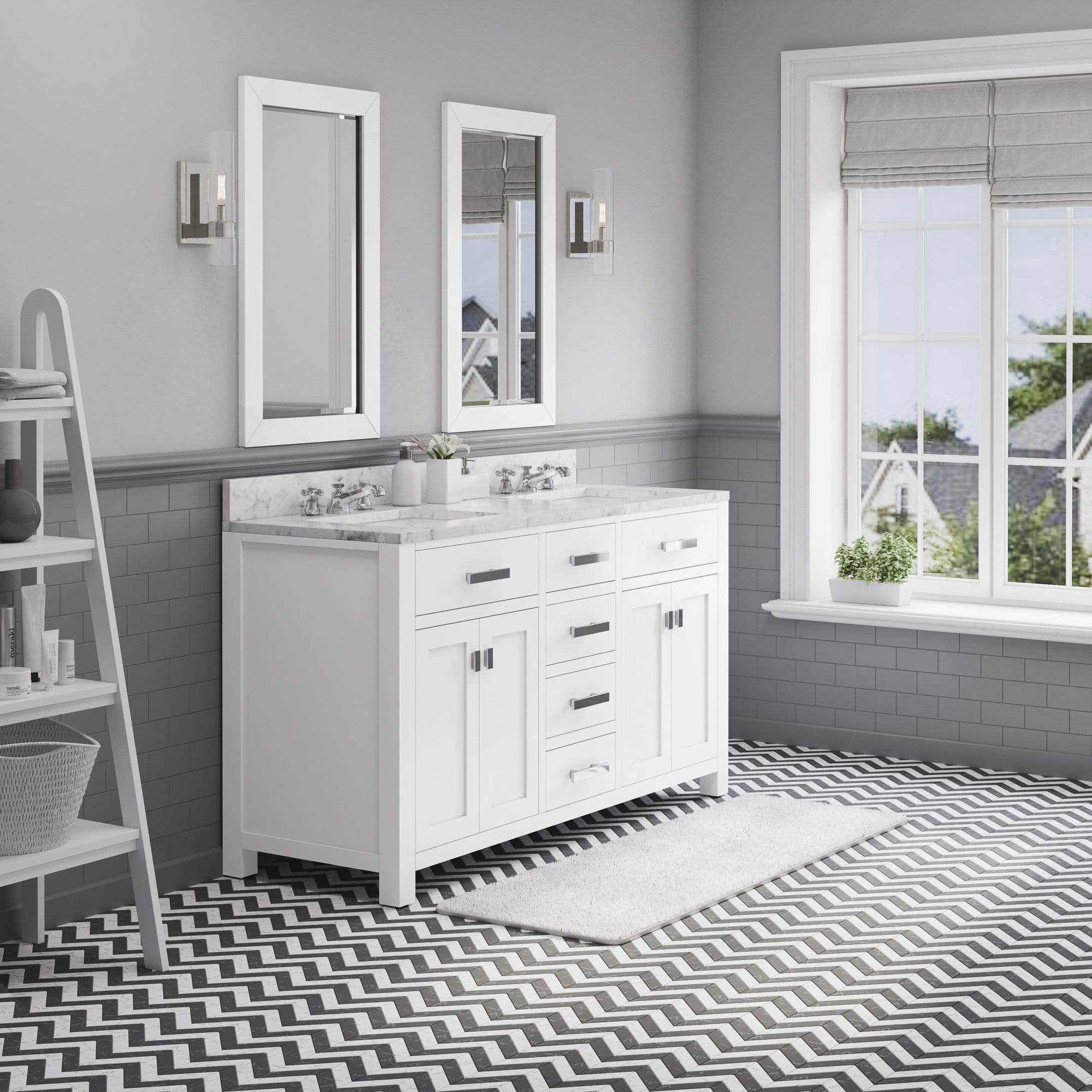 Water Creation 60 Inch Pure White Double Sink Bathroom Vanity With 2 Matching Framed Mirrors And Faucets From The Madison Collection - Molaix700621683810Bathroom vanityMS60CW01PW-R21BX0901