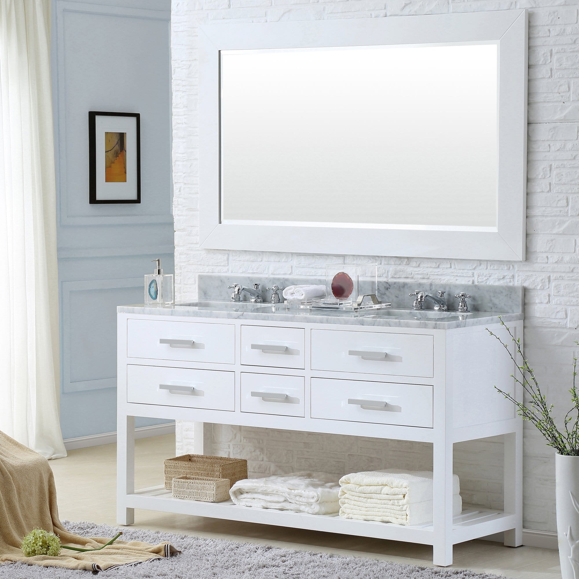 Water Creation 60 Inch Pure White Double Sink Bathroom Vanity With Matching Framed Mirror From The Madalyn Collection - Molaix700621682509Bathroom vanityMA60CW01PW-R60000000
