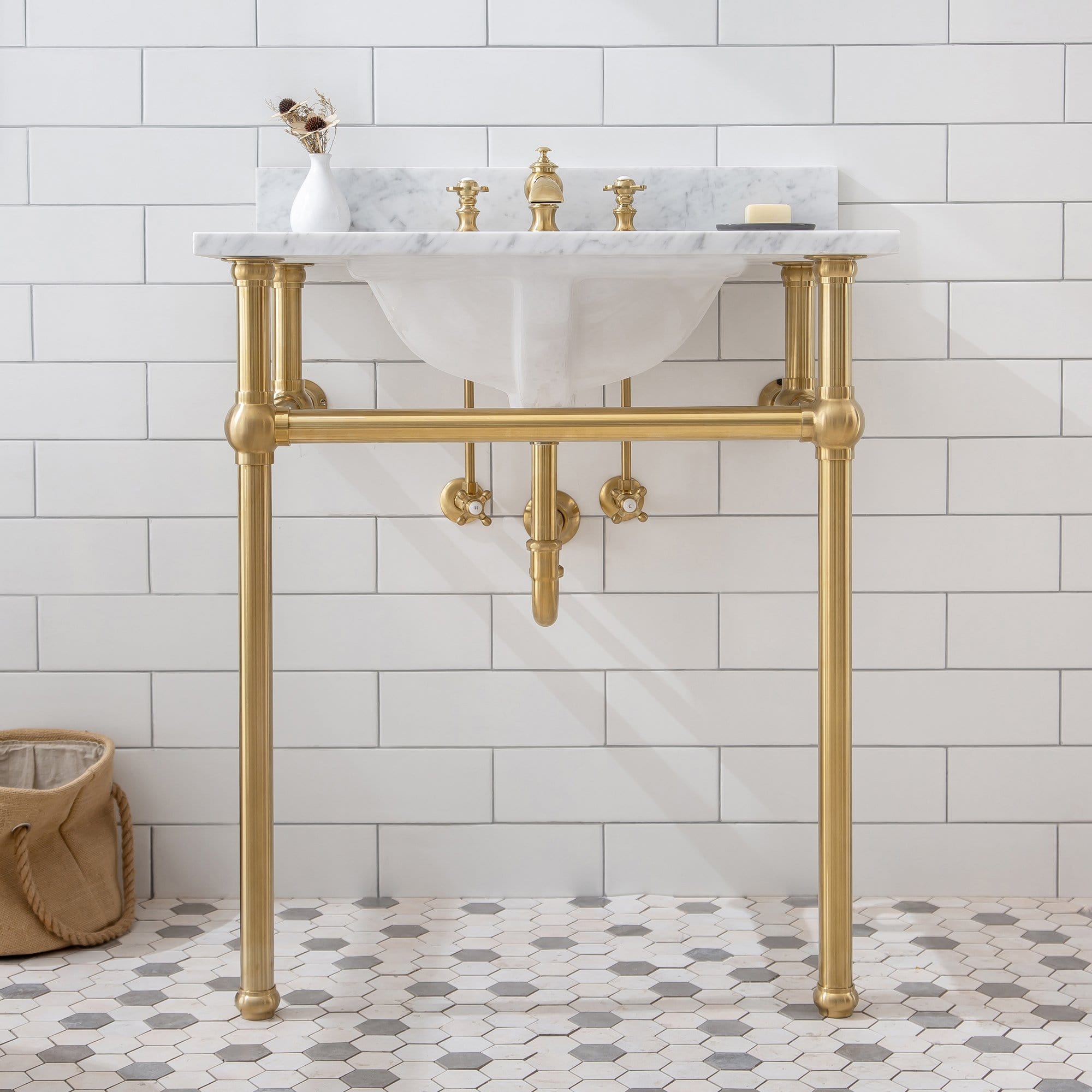 Water Creation Embassy 30 Inch Wide Single Wash Stand, P-Trap, Counter Top with Basin, F2-0013 Faucet and Mirror included in Satin Gold Finish - Molaix732030757288Wash StandEB30E-0613